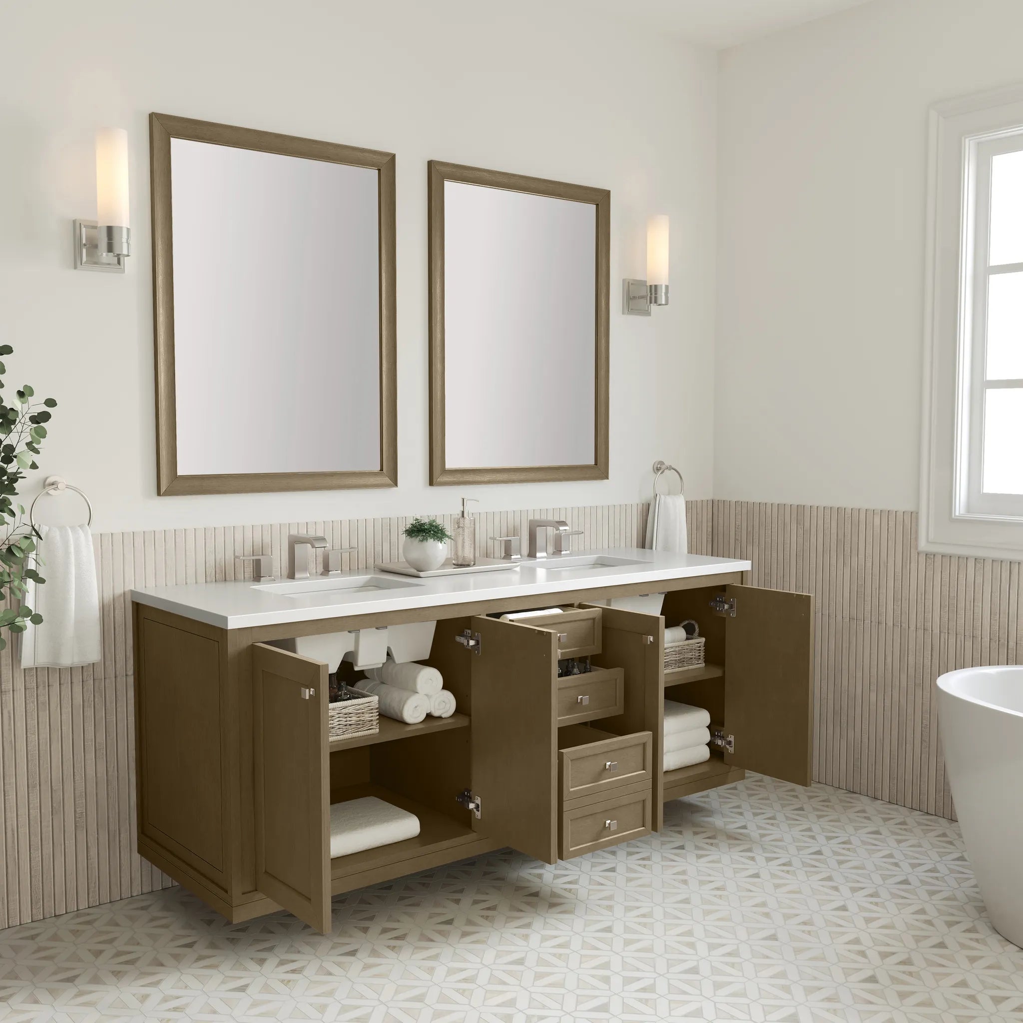 72" Chicago Double Vanity in Walnut Whisper-White Zeus Silestone-8" Widespread image 10