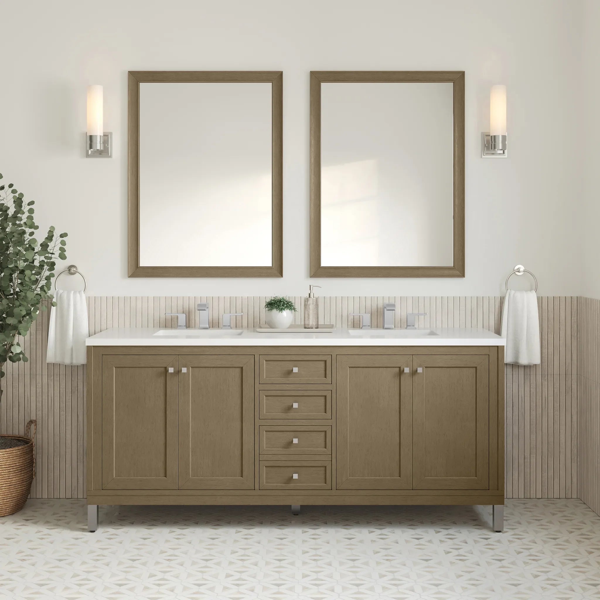 72" Chicago Double Vanity in Walnut Whisper-White Zeus Silestone-8" Widespread image 5