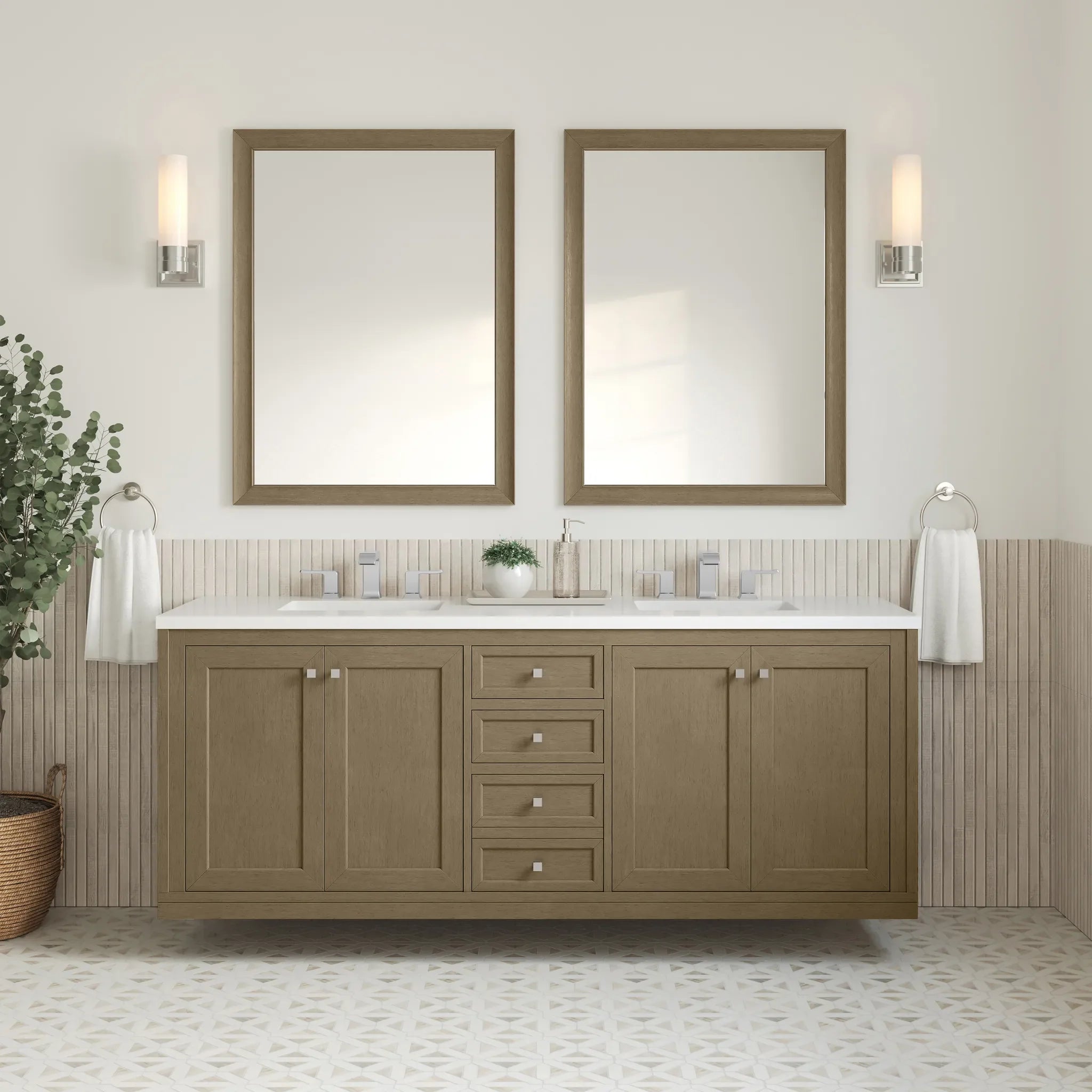 72" Chicago Double Vanity in Walnut Whisper-White Zeus Silestone-8" Widespread image 6