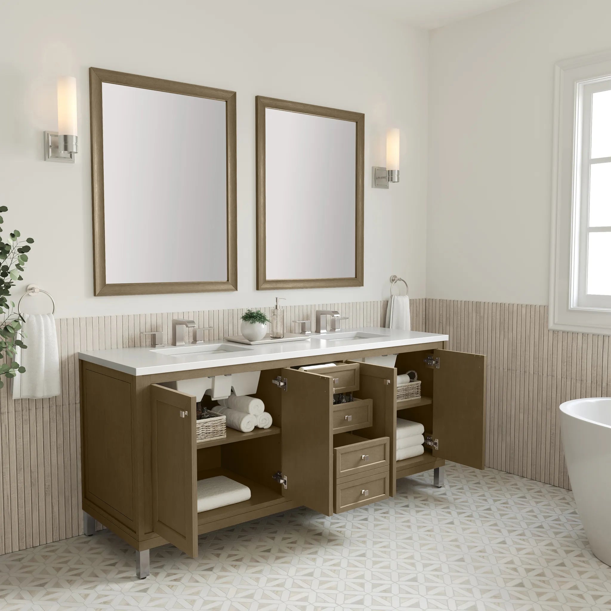 72" Chicago Double Vanity in Walnut Whisper-White Zeus Silestone-8" Widespread image 9