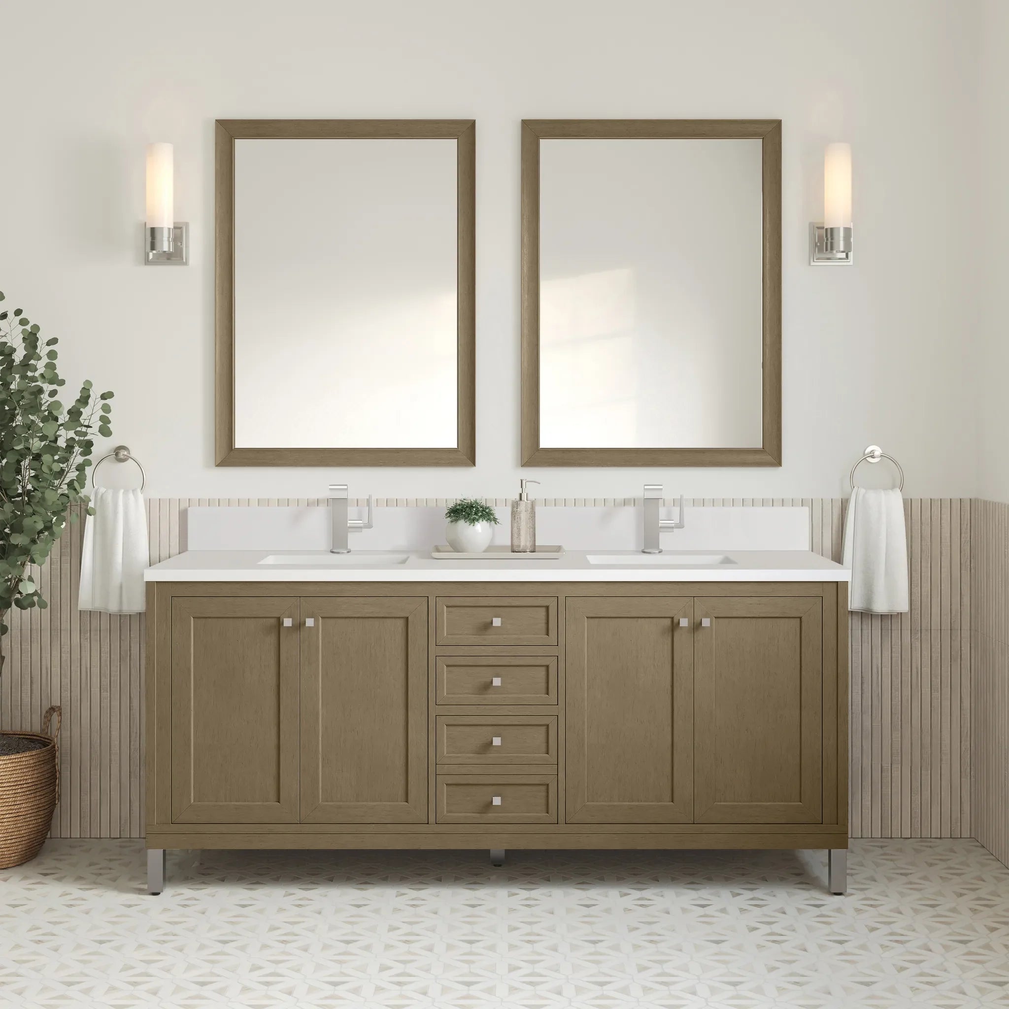 72" Chicago Double Vanity in Walnut Whisper-White Zeus Silestone & Backsplash-Single Hole image 3
