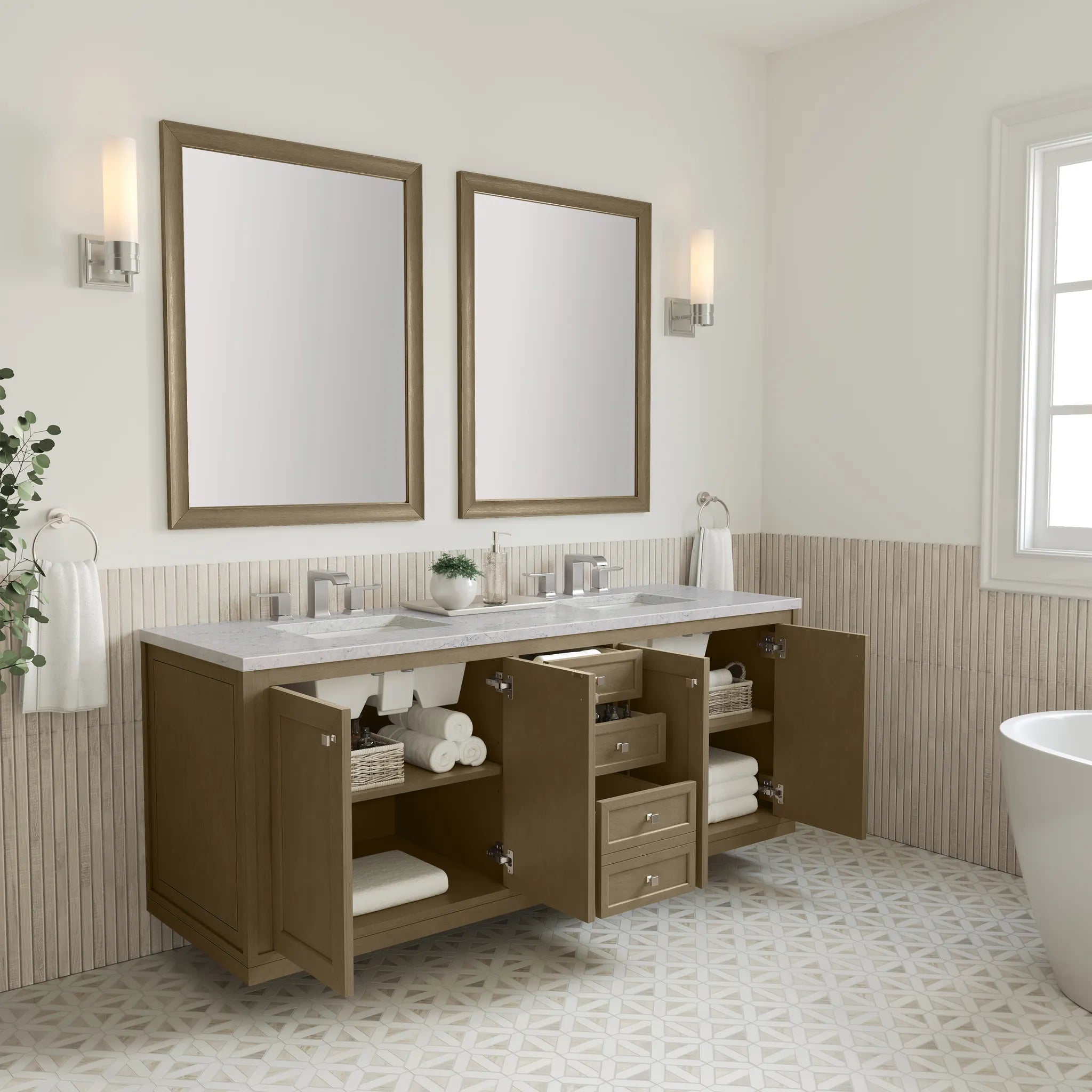 72" Chicago Double Vanity in Walnut Whisper, Wireless Charger-Eternal Jasmine Pearl Silestone-8" Widespread image 9