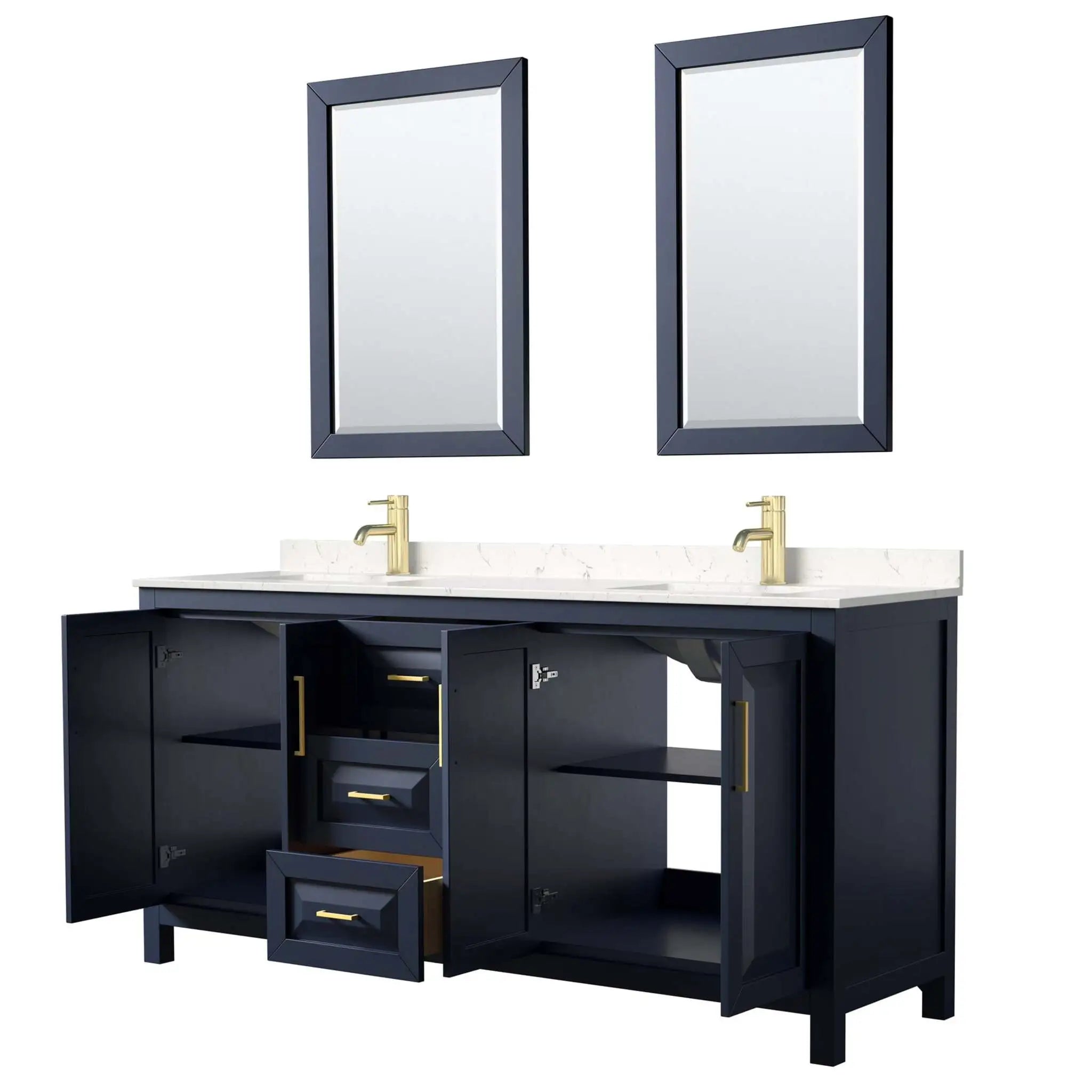 72" Daria Double Bathroom Vanity in Dark Blue with Brushed Gold Trim & 24" Mirror by Wyndham