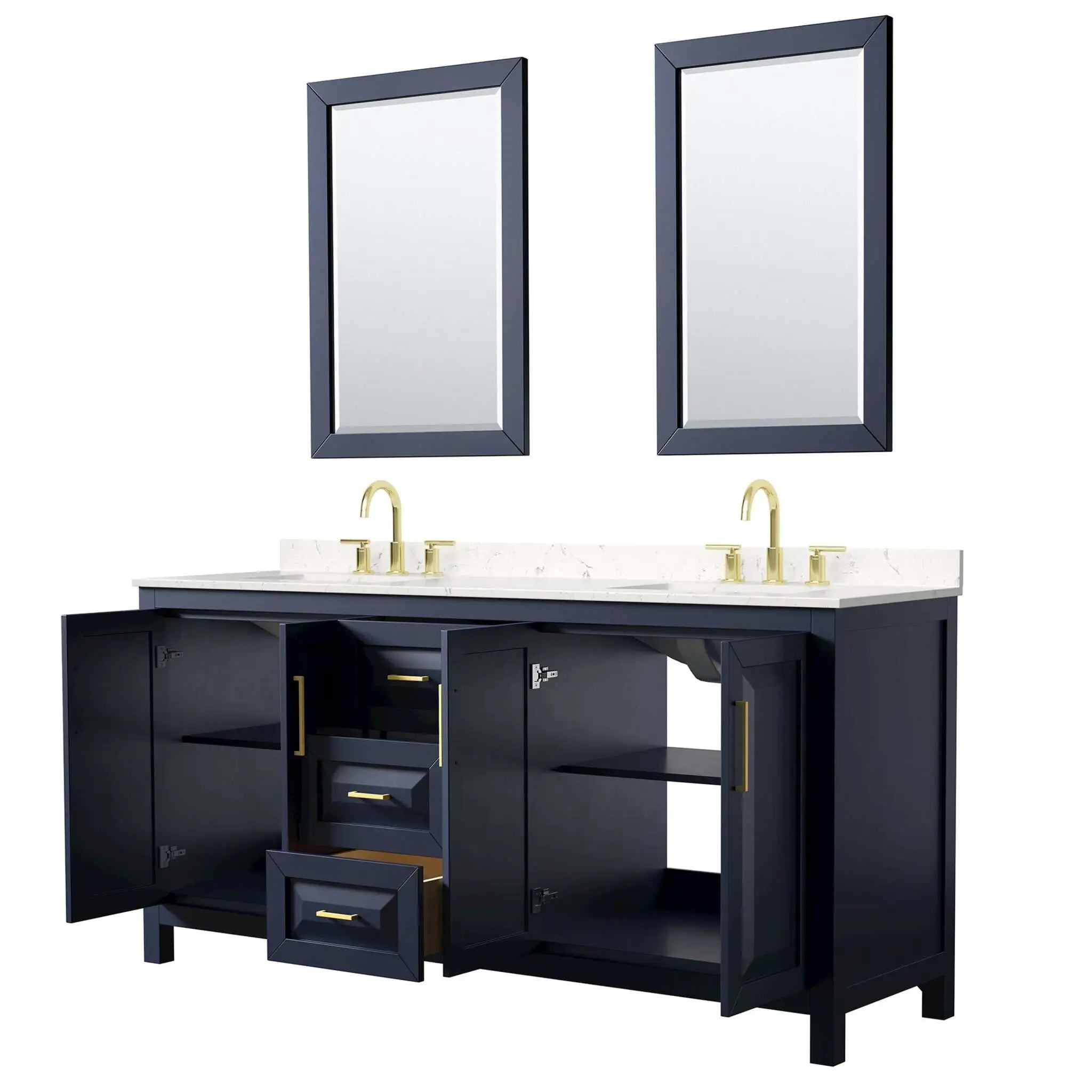 72" Daria Double Bathroom Vanity in Dark Blue with Brushed Gold Trim & 24" Mirror by Wyndham