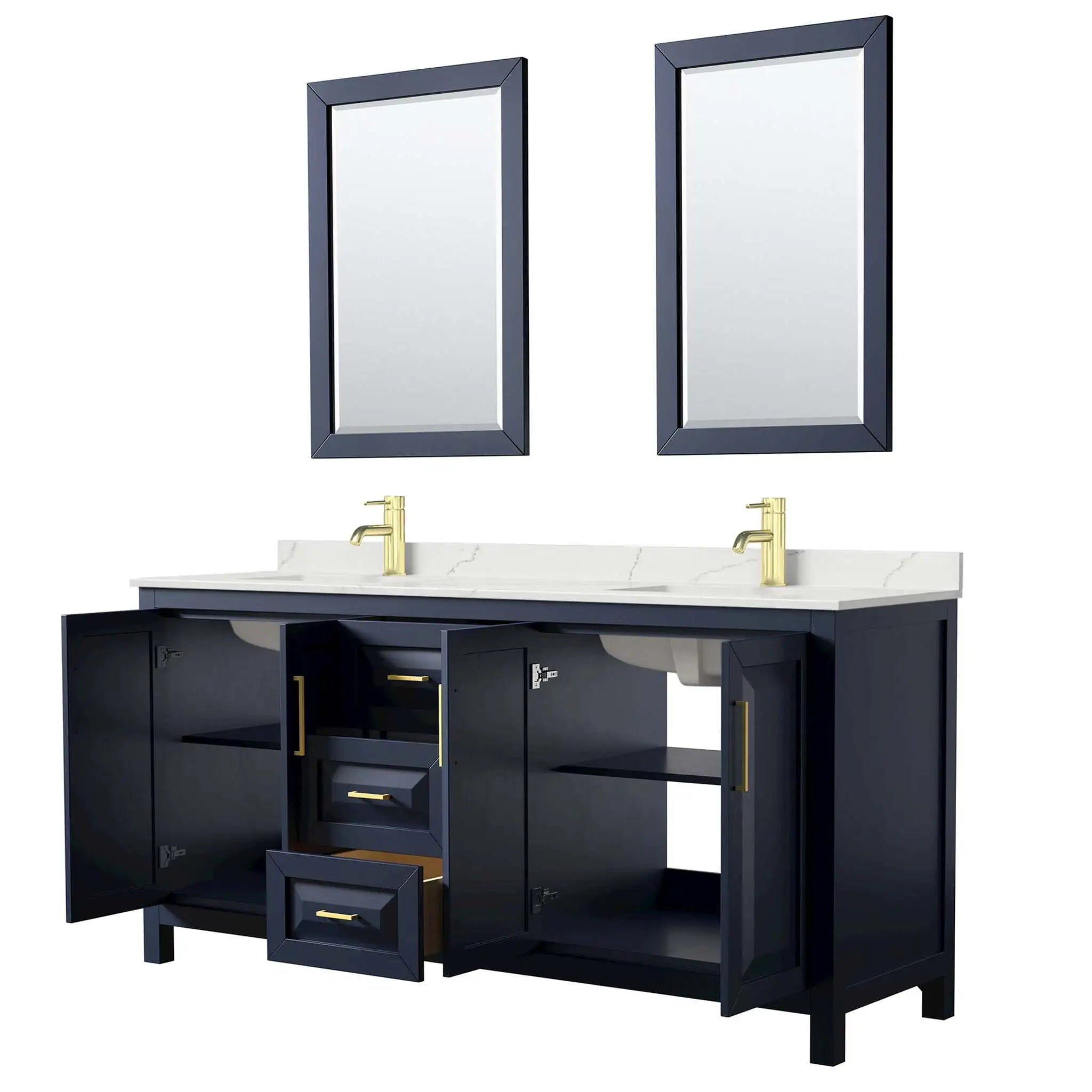 72" Daria Double Bathroom Vanity in Dark Blue with Brushed Gold Trim & 24" Mirror by Wyndham