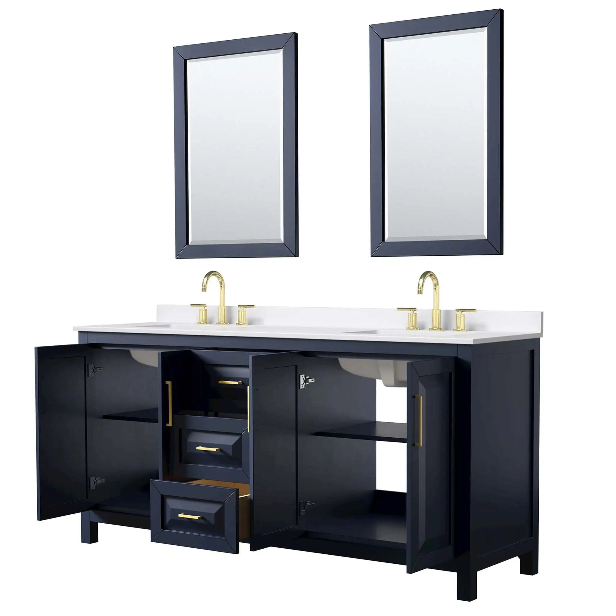 72" Daria Double Bathroom Vanity in Dark Blue with Brushed Gold Trim & 24" Mirror by Wyndham