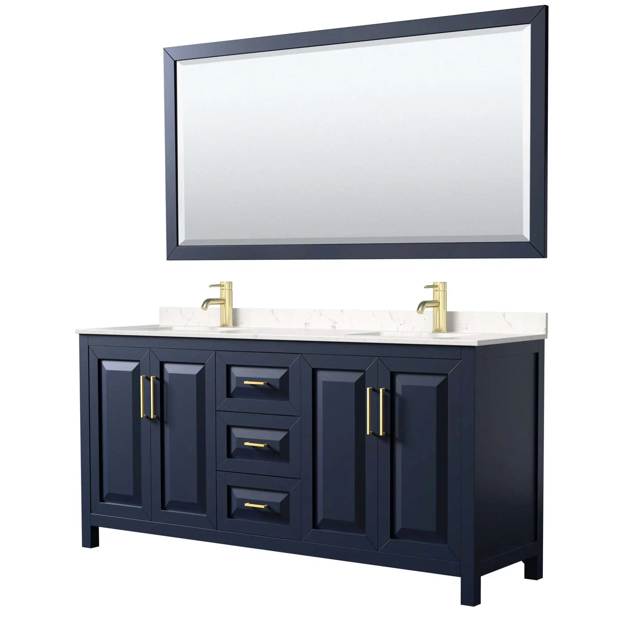 72" Daria Double Bathroom Vanity in Dark Blue with Brushed Gold Trim & 70" Mirror by Wyndham