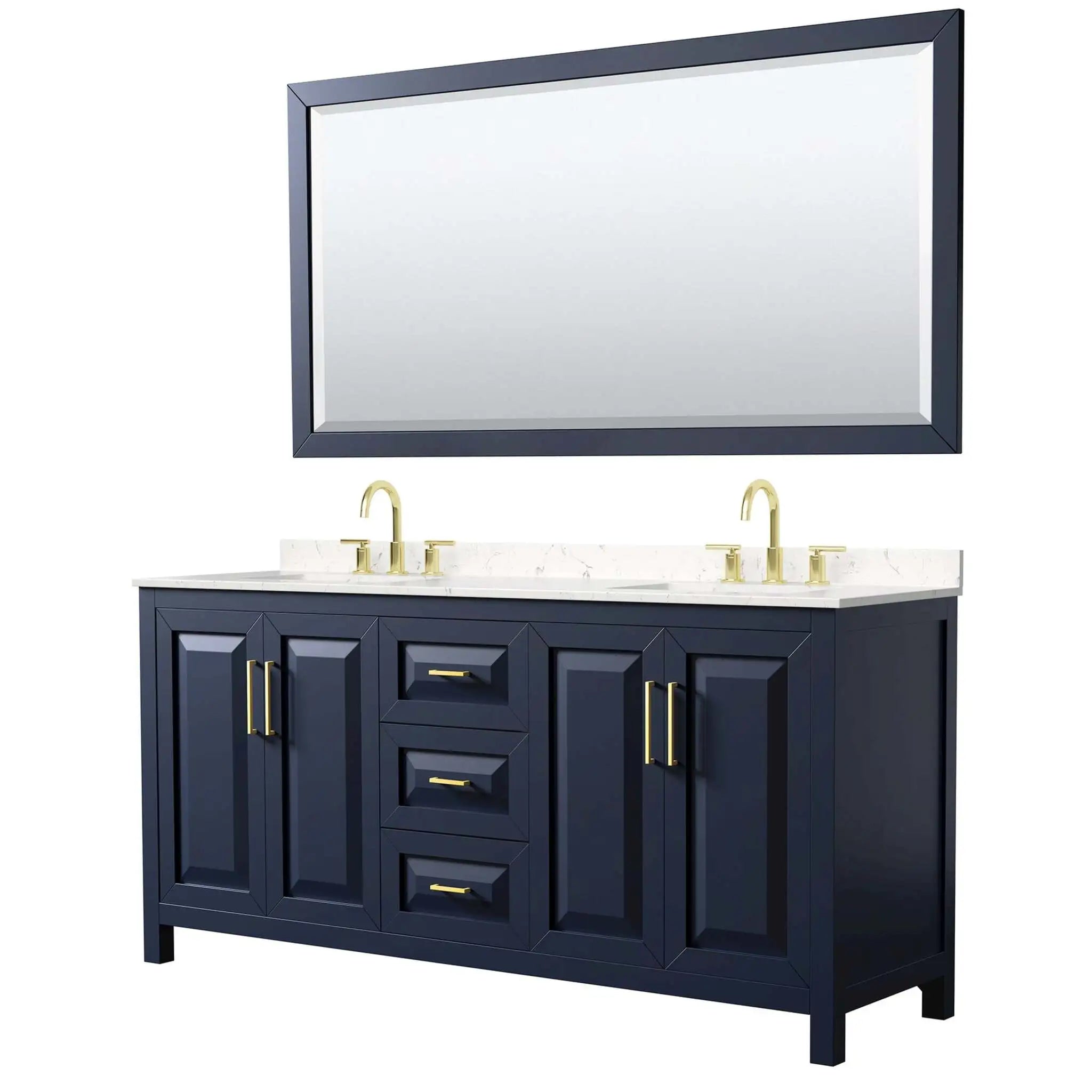 72" Daria Double Bathroom Vanity in Dark Blue with Brushed Gold Trim & 70" Mirror by Wyndham