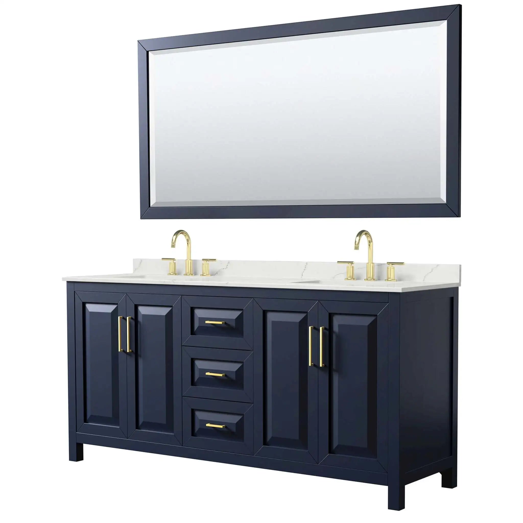 72" Daria Double Bathroom Vanity in Dark Blue with Brushed Gold Trim & 70" Mirror by Wyndham