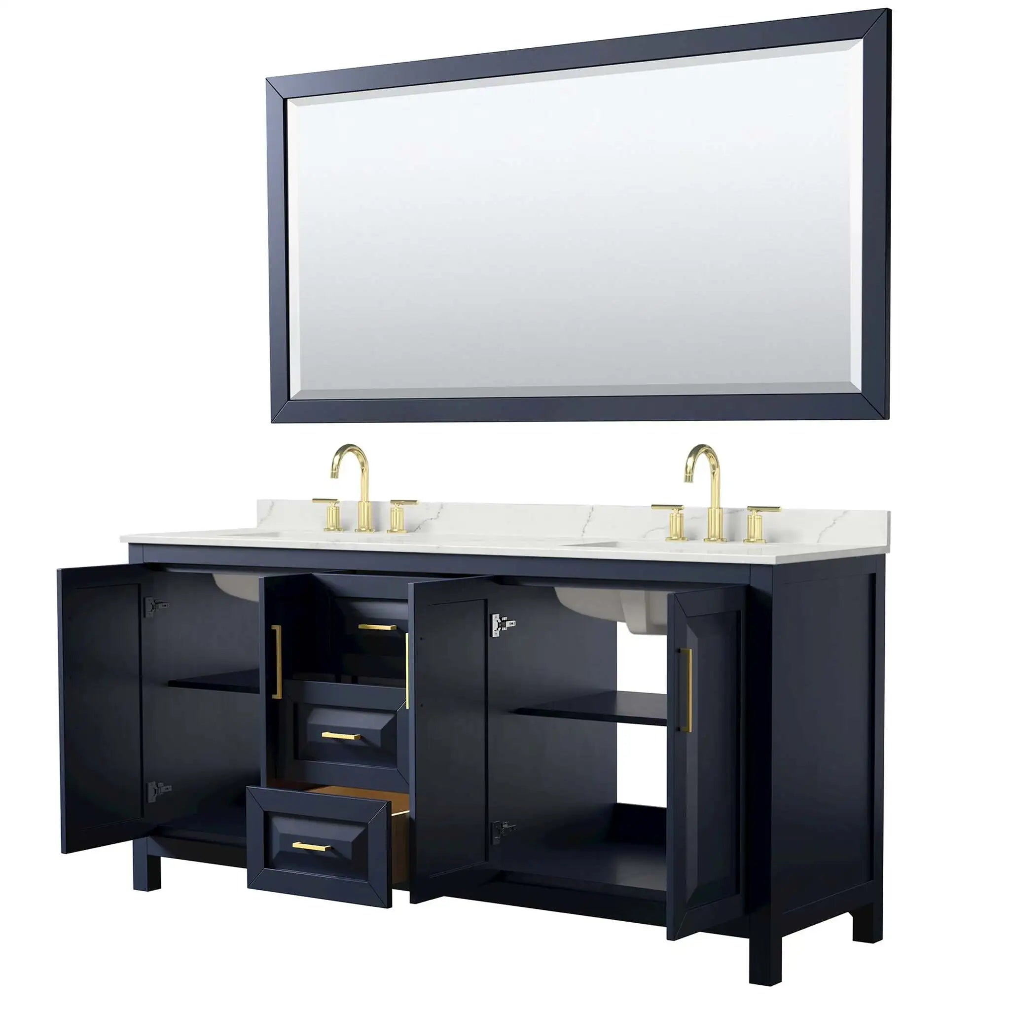 72" Daria Double Bathroom Vanity in Dark Blue with Brushed Gold Trim & 70" Mirror by Wyndham