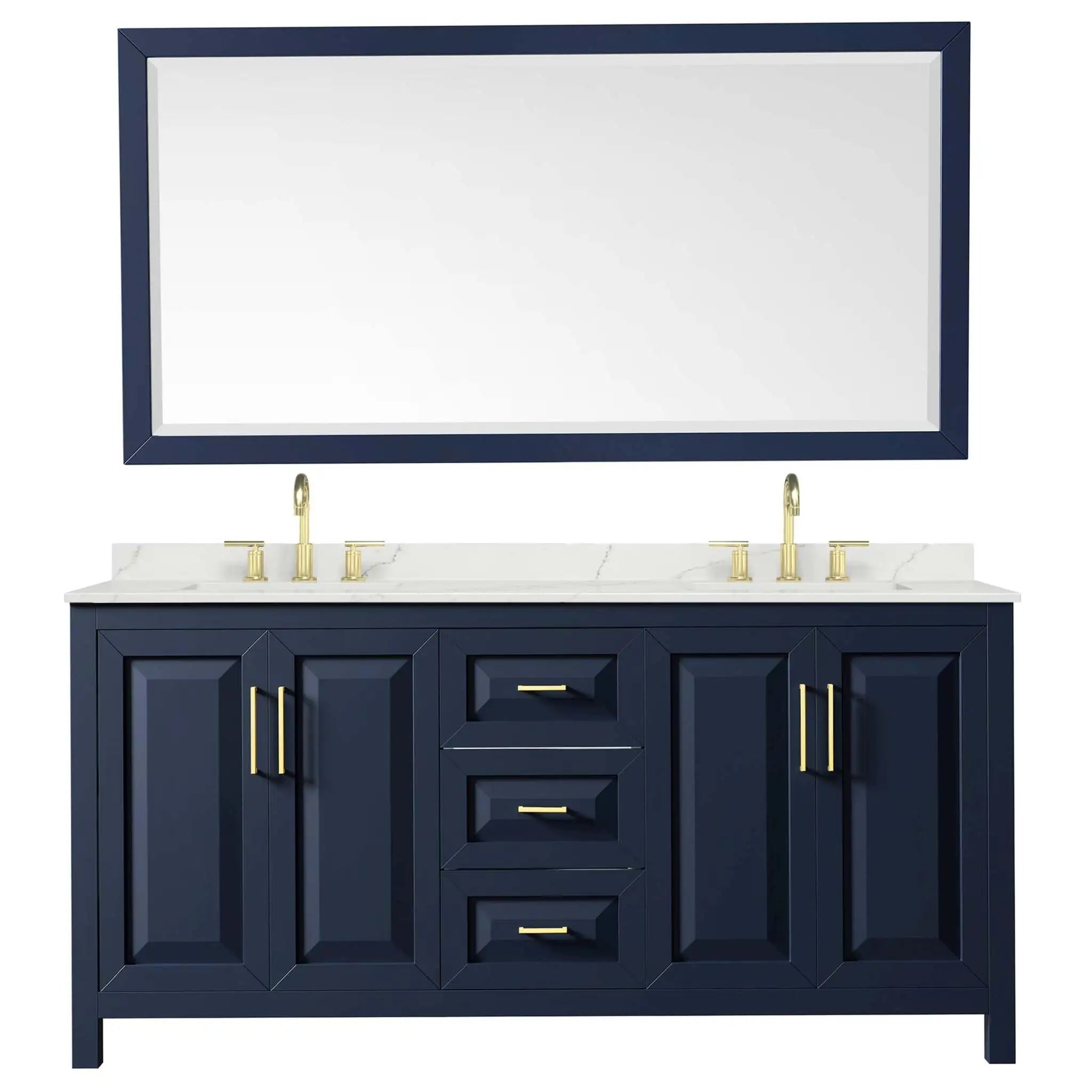 72" Daria Double Bathroom Vanity in Dark Blue with Brushed Gold Trim & 70" Mirror by Wyndham