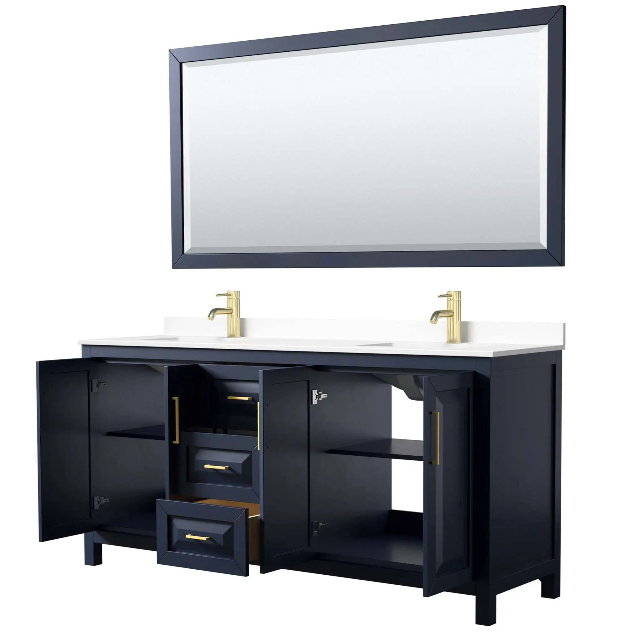 72" Daria Double Bathroom Vanity in Dark Blue with Brushed Gold Trim & 70" Mirror by Wyndham