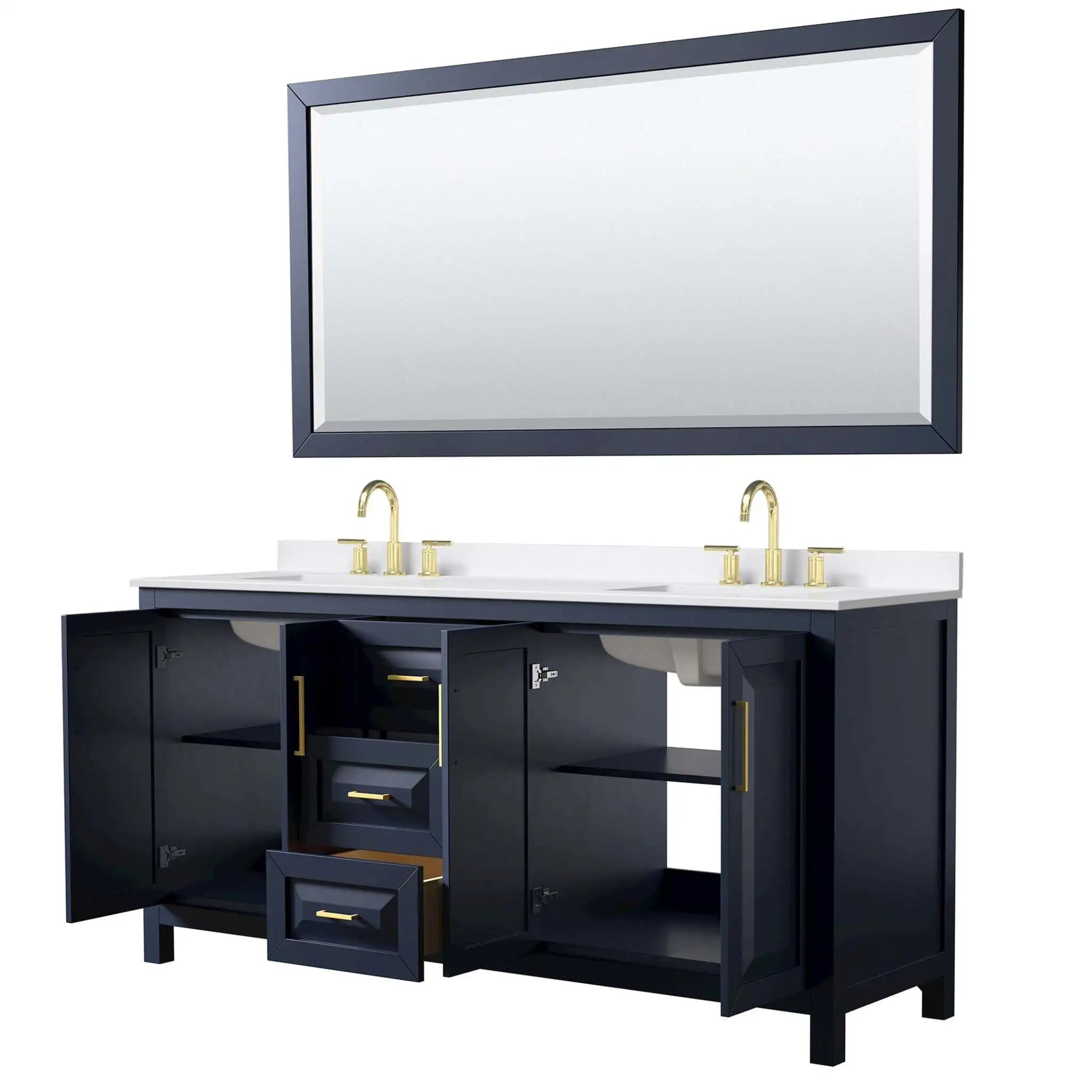 72" Daria Double Bathroom Vanity in Dark Blue with Brushed Gold Trim & 70" Mirror by Wyndham