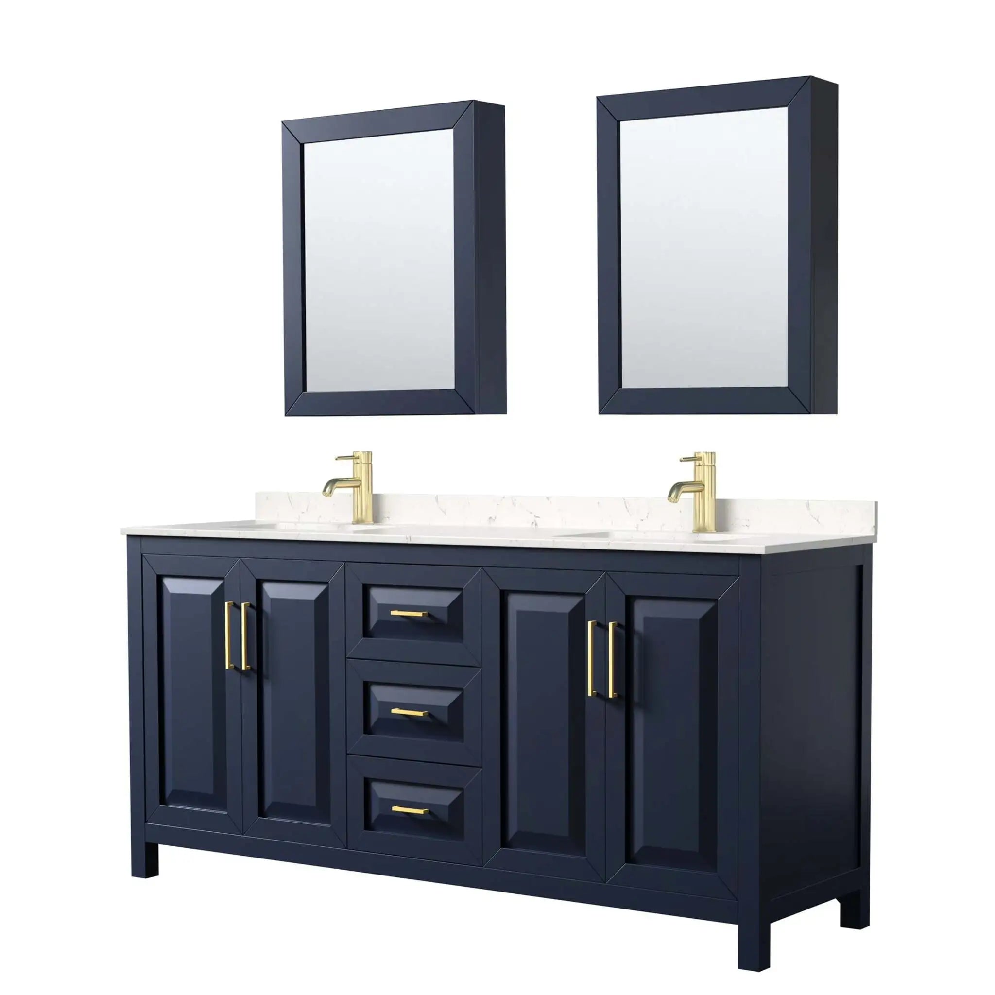 72" Daria Double Bathroom Vanity in Dark Blue with Brushed Gold Trim & Medicine Cabinet by Wyndham
