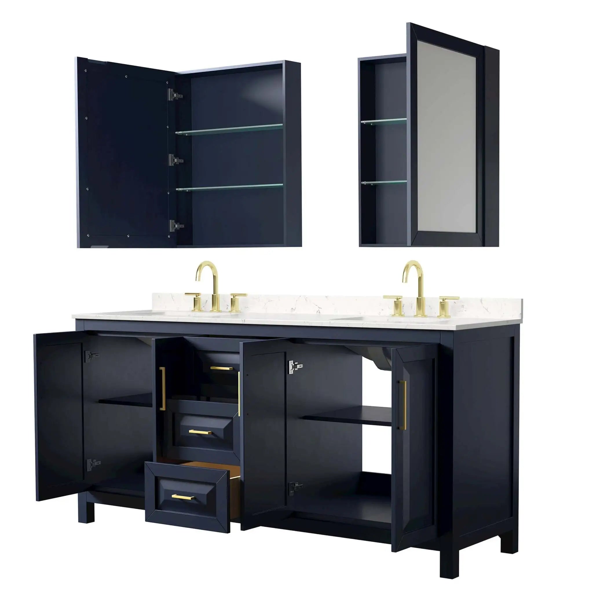 72" Daria Double Bathroom Vanity in Dark Blue with Brushed Gold Trim & Medicine Cabinet by Wyndham