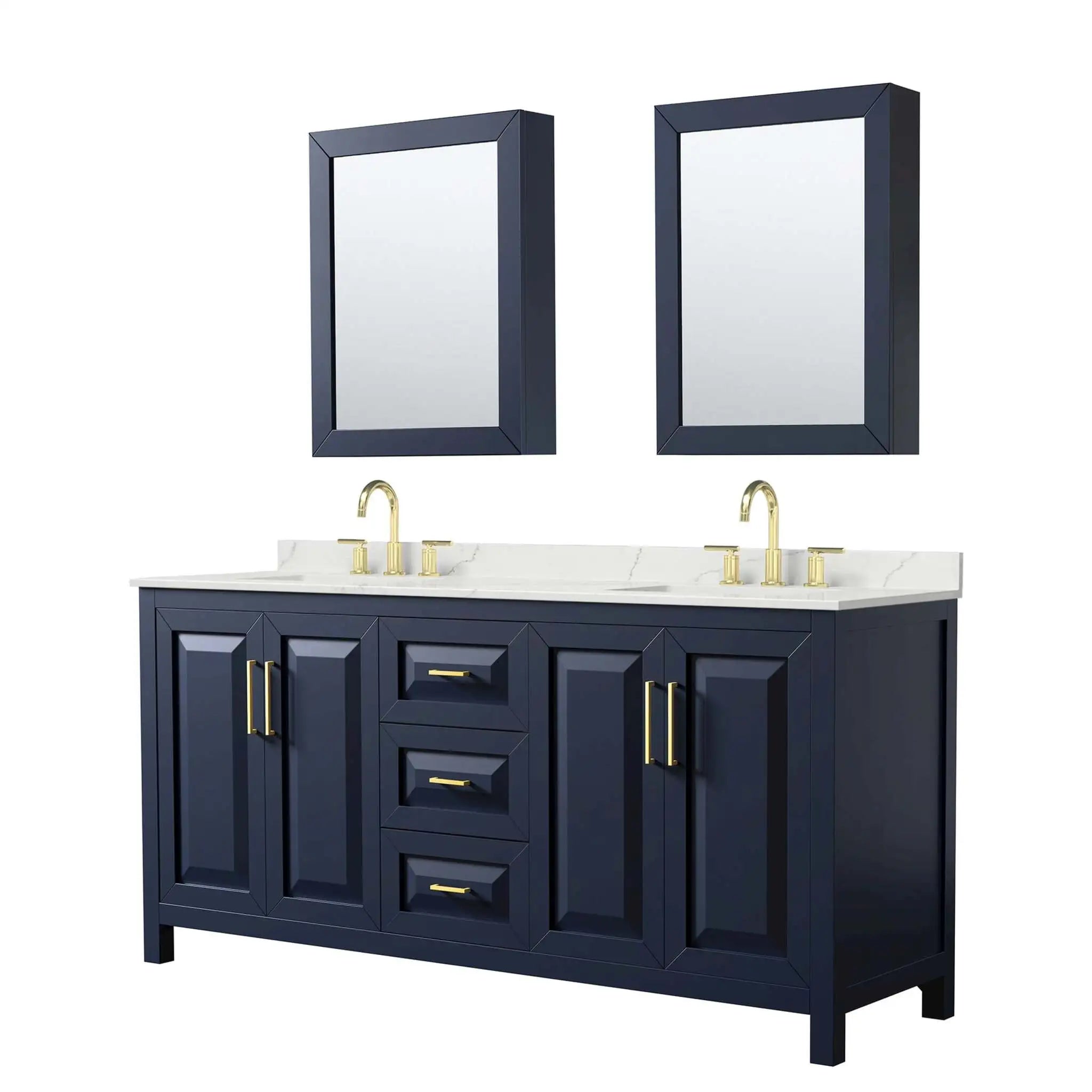 72" Daria Double Bathroom Vanity in Dark Blue with Brushed Gold Trim & Medicine Cabinet by Wyndham