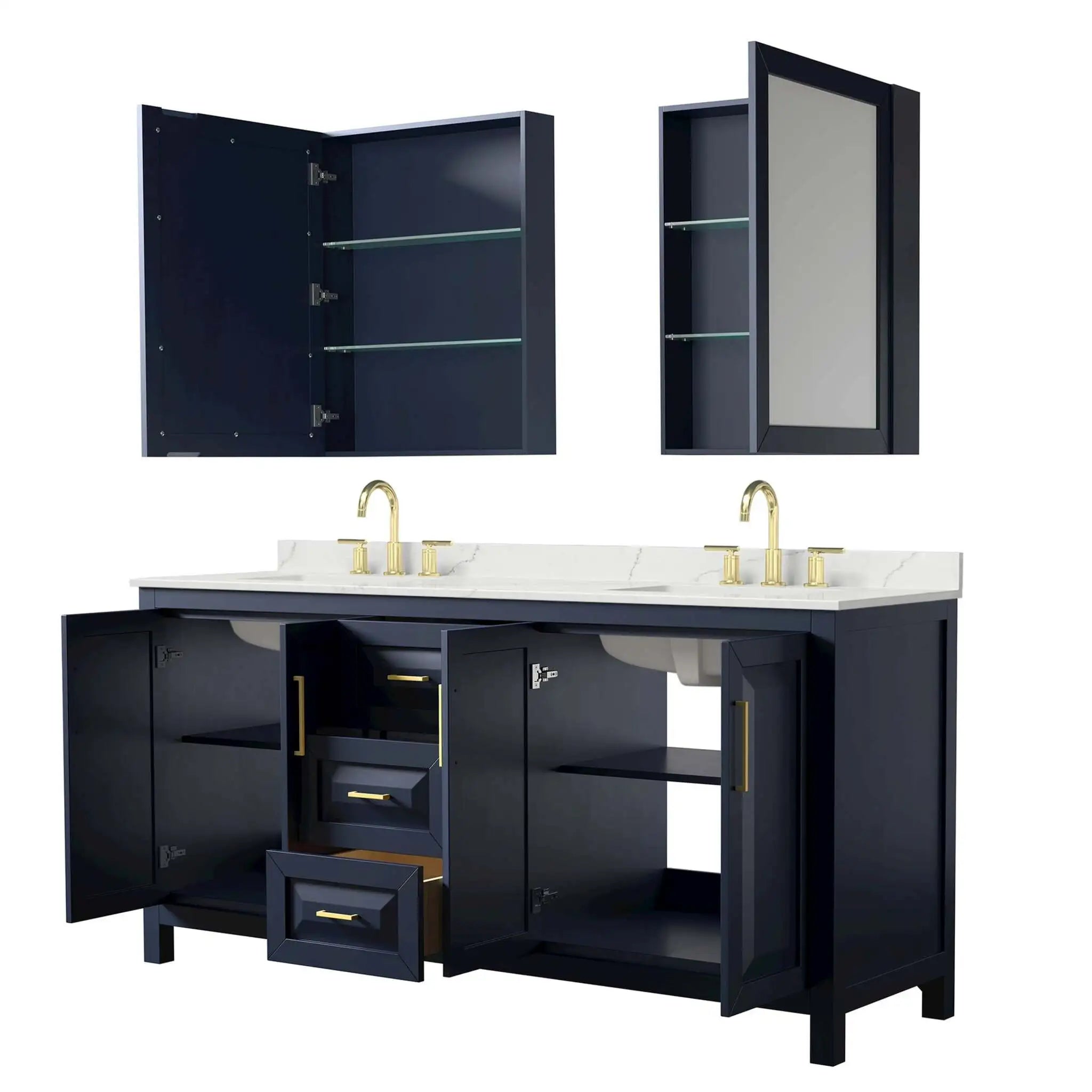 72" Daria Double Bathroom Vanity in Dark Blue with Brushed Gold Trim & Medicine Cabinet by Wyndham