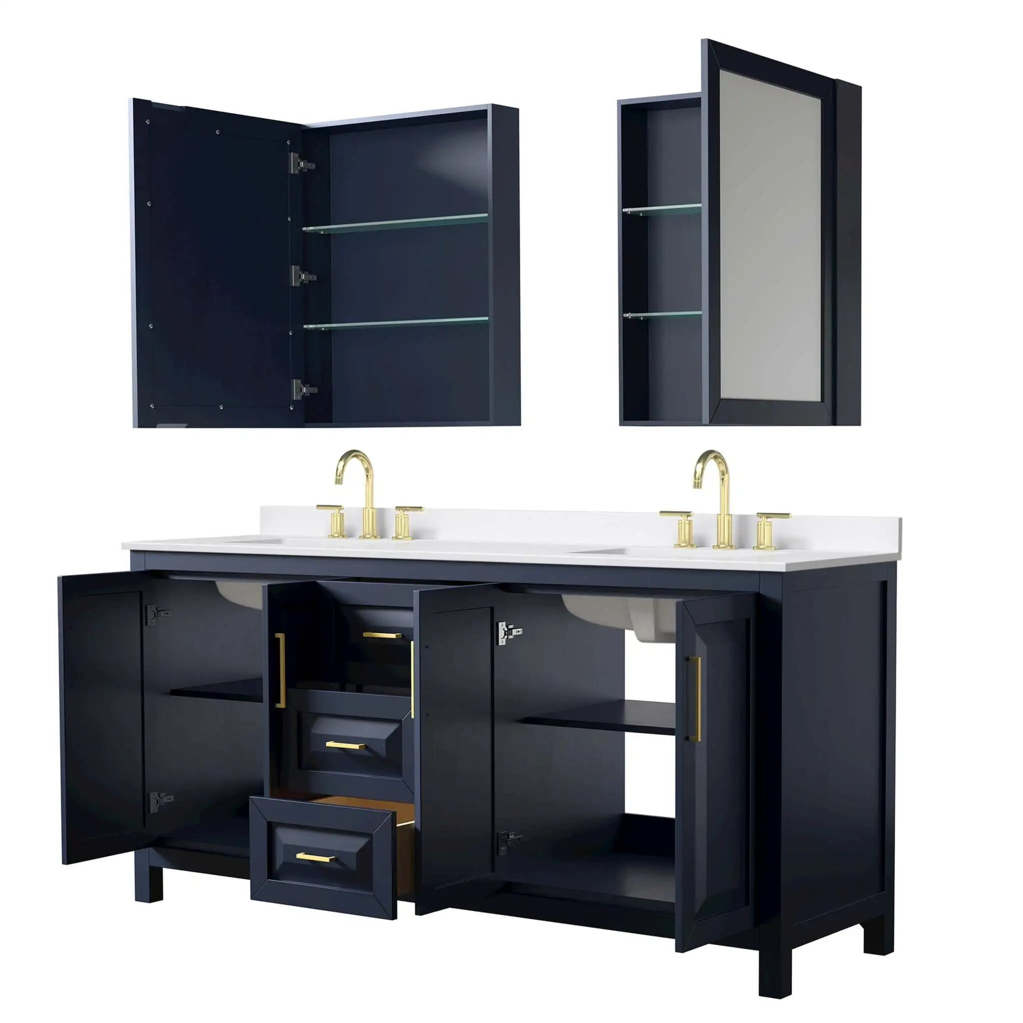 72" Daria Double Bathroom Vanity in Dark Blue with Brushed Gold Trim & Medicine Cabinet by Wyndham