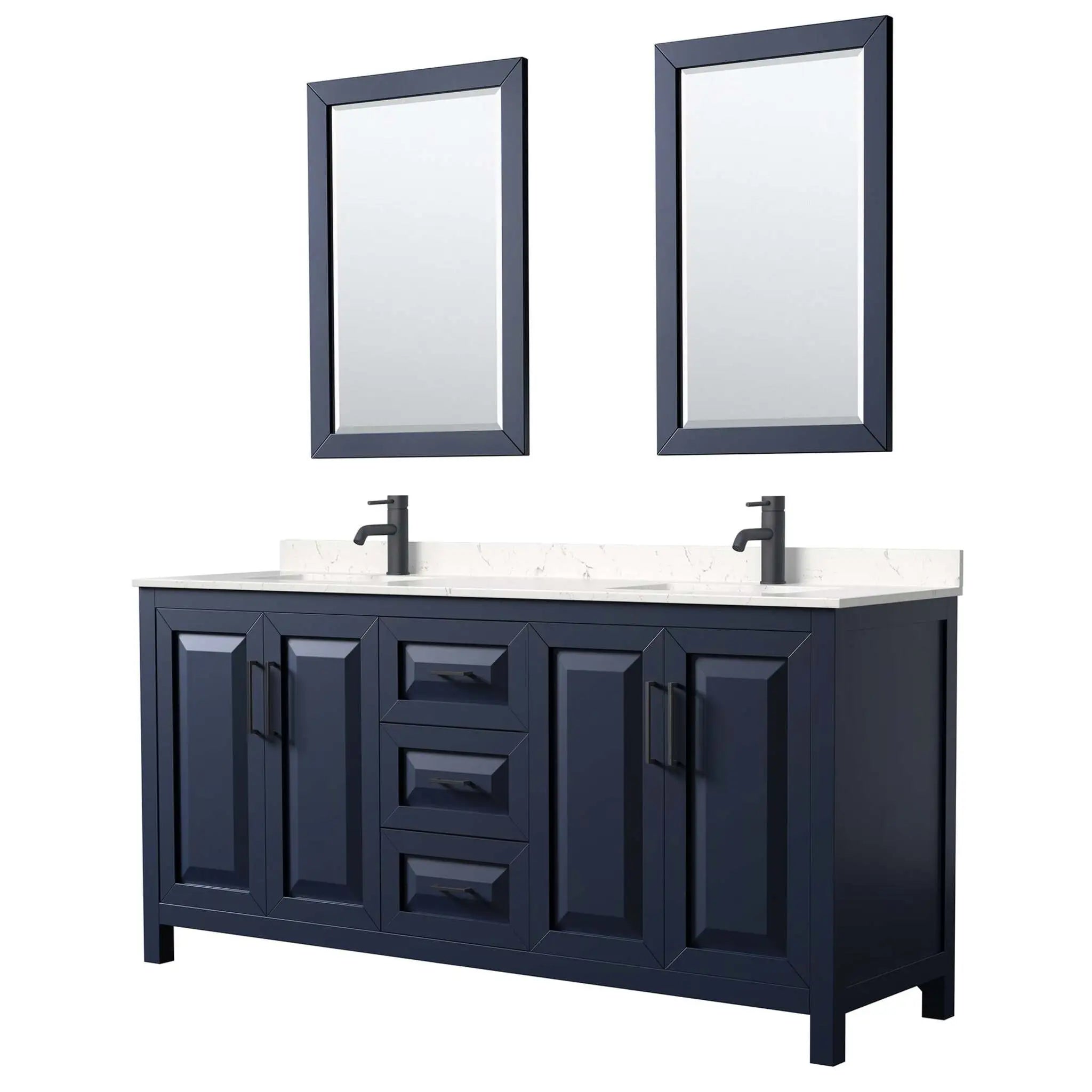 72" Daria Double Bathroom Vanity in Dark Blue with Matte Black Trim & 24" Mirror by Wyndham