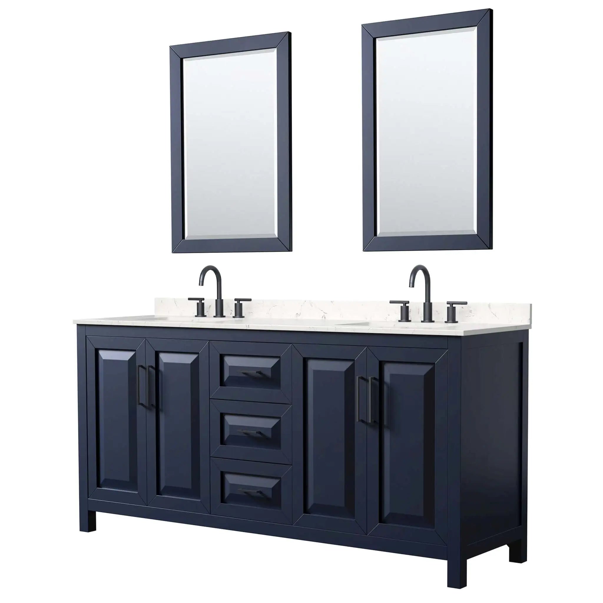 72" Daria Double Bathroom Vanity in Dark Blue with Matte Black Trim & 24" Mirror by Wyndham