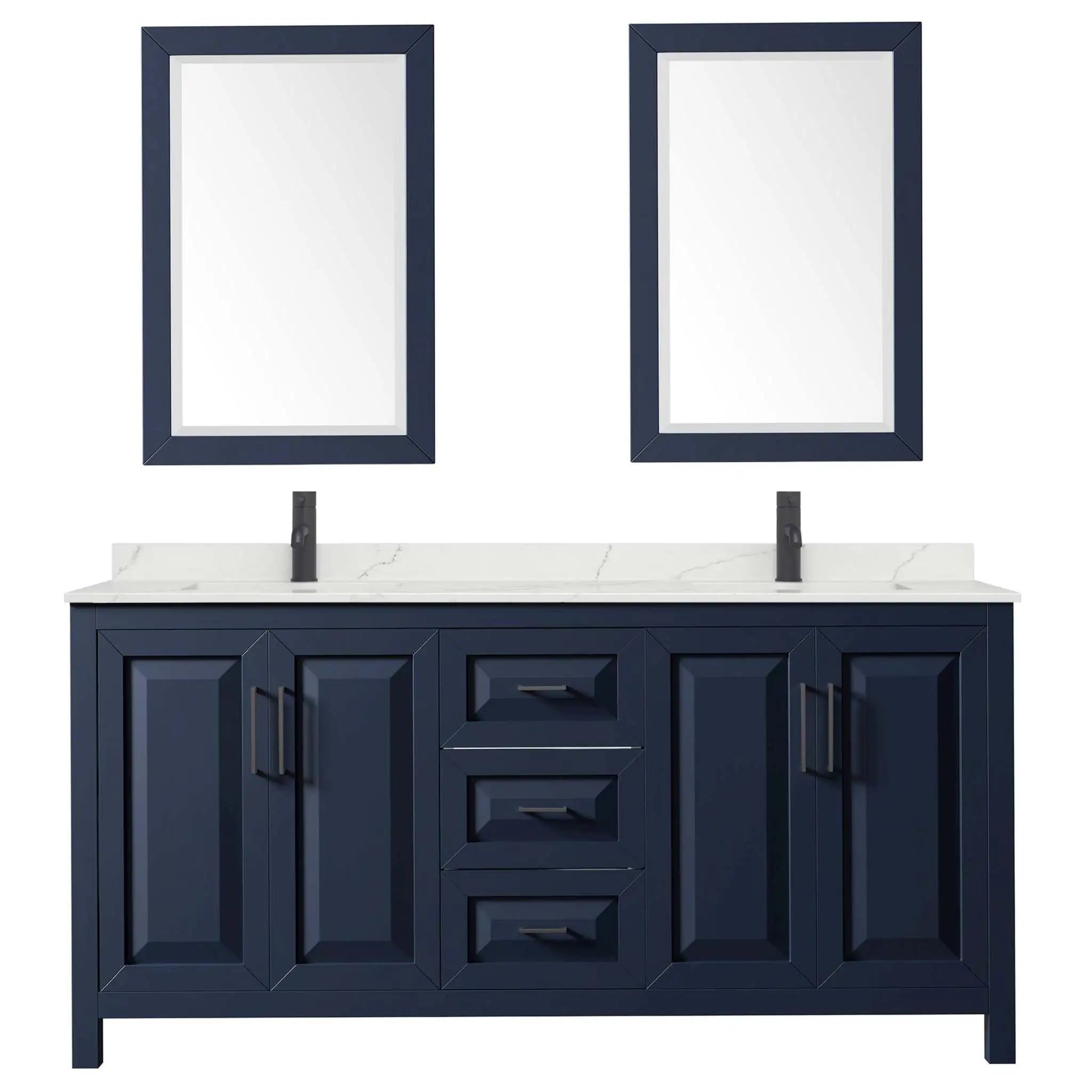 72" Daria Double Bathroom Vanity in Dark Blue with Matte Black Trim & 24" Mirror by Wyndham
