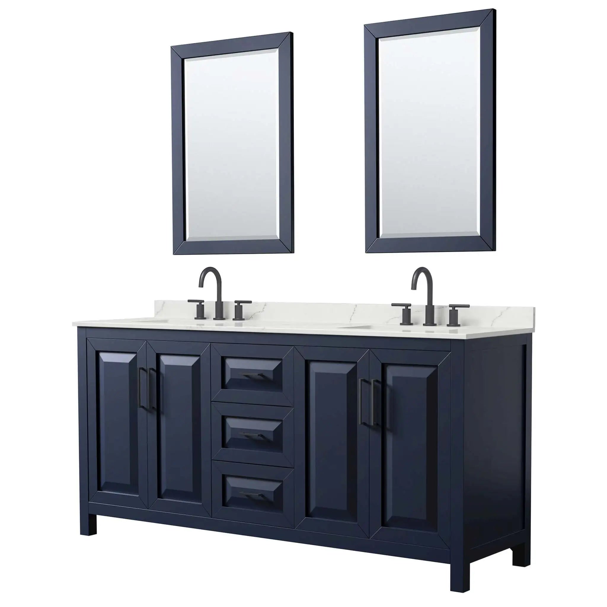 72" Daria Double Bathroom Vanity in Dark Blue with Matte Black Trim & 24" Mirror by Wyndham