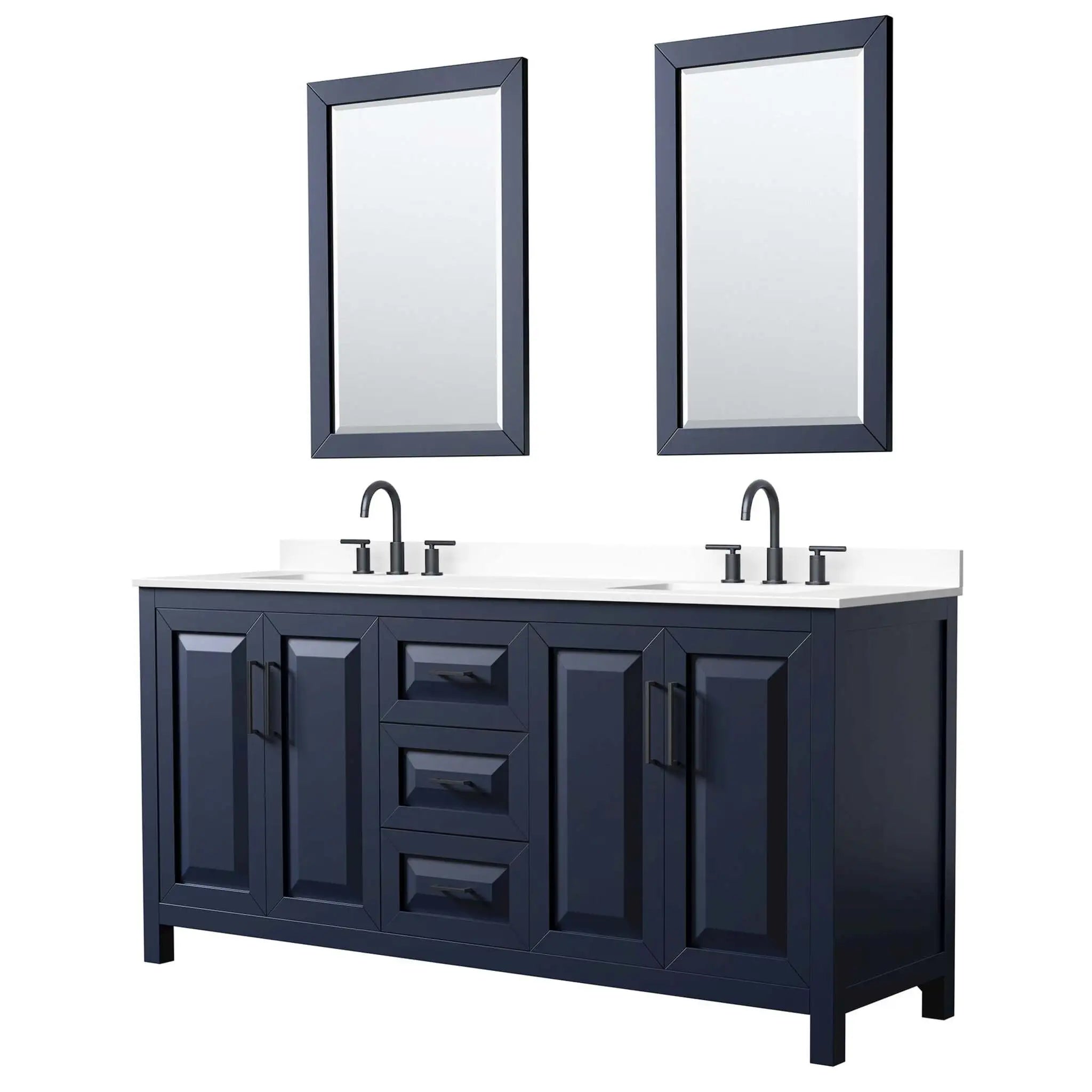 72" Daria Double Bathroom Vanity in Dark Blue with Matte Black Trim & 24" Mirror by Wyndham