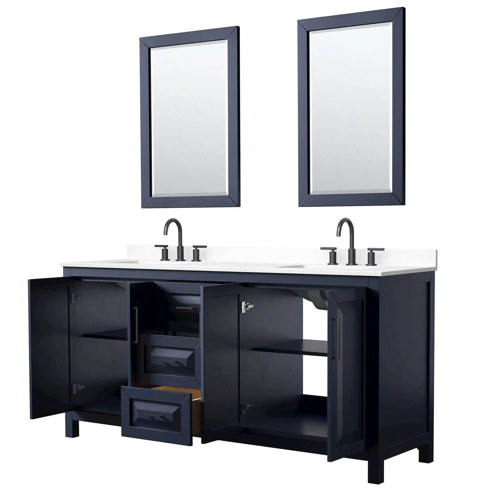 72" Daria Double Bathroom Vanity in Dark Blue with Matte Black Trim & 24" Mirror by Wyndham