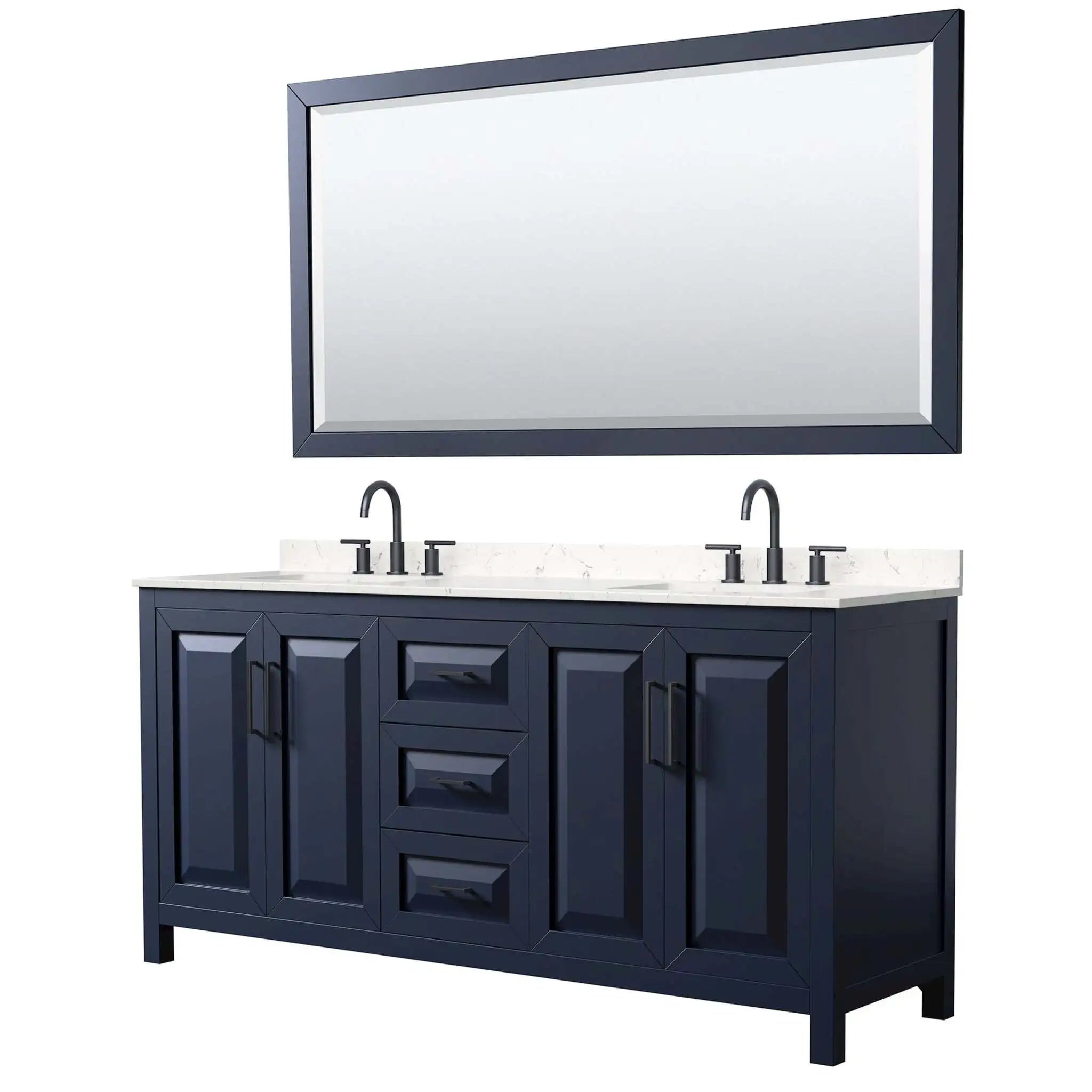 72" Daria Double Bathroom Vanity in Dark Blue with Matte Black Trim & 70" Mirror by Wyndham