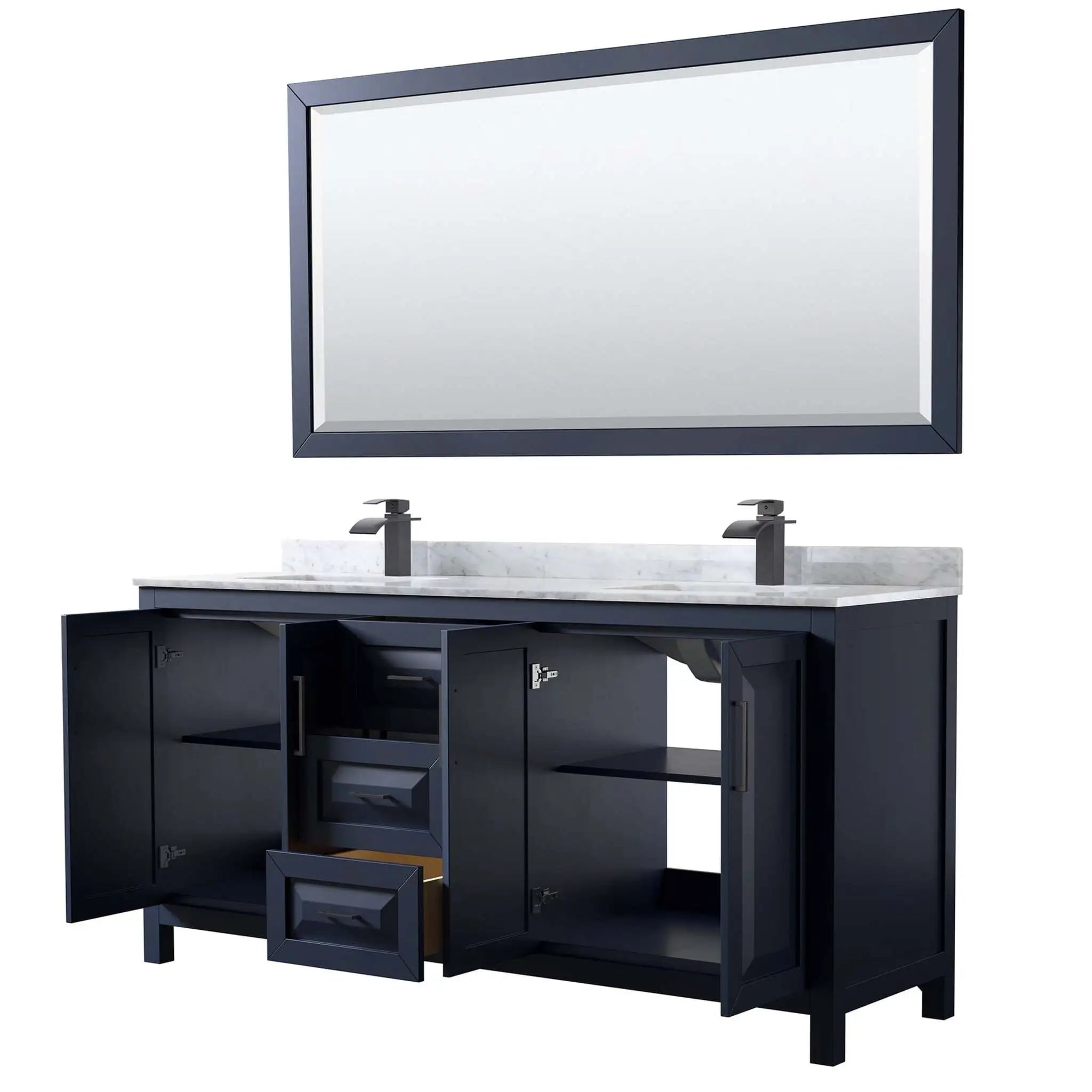 72" Daria Double Bathroom Vanity in Dark Blue with Matte Black Trim & 70" Mirror by Wyndham