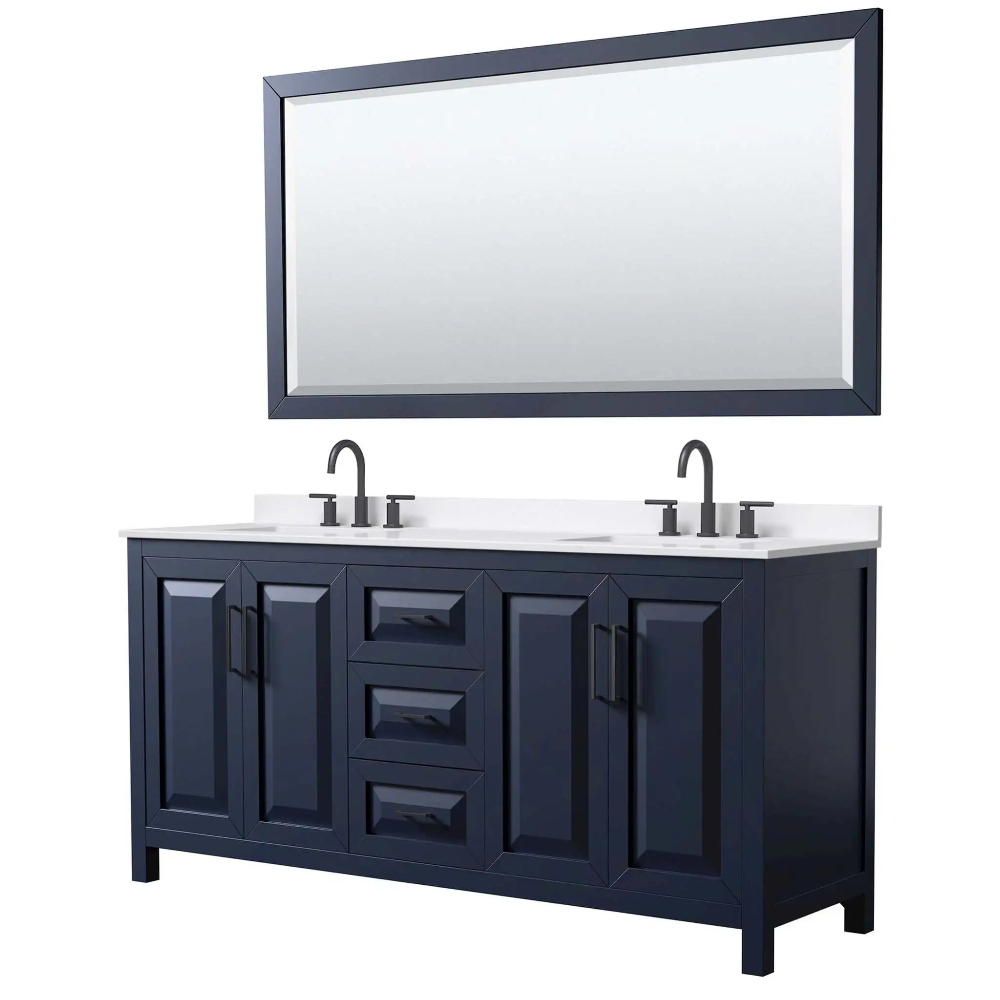 72" Daria Double Bathroom Vanity in Dark Blue with Matte Black Trim & 70" Mirror by Wyndham
