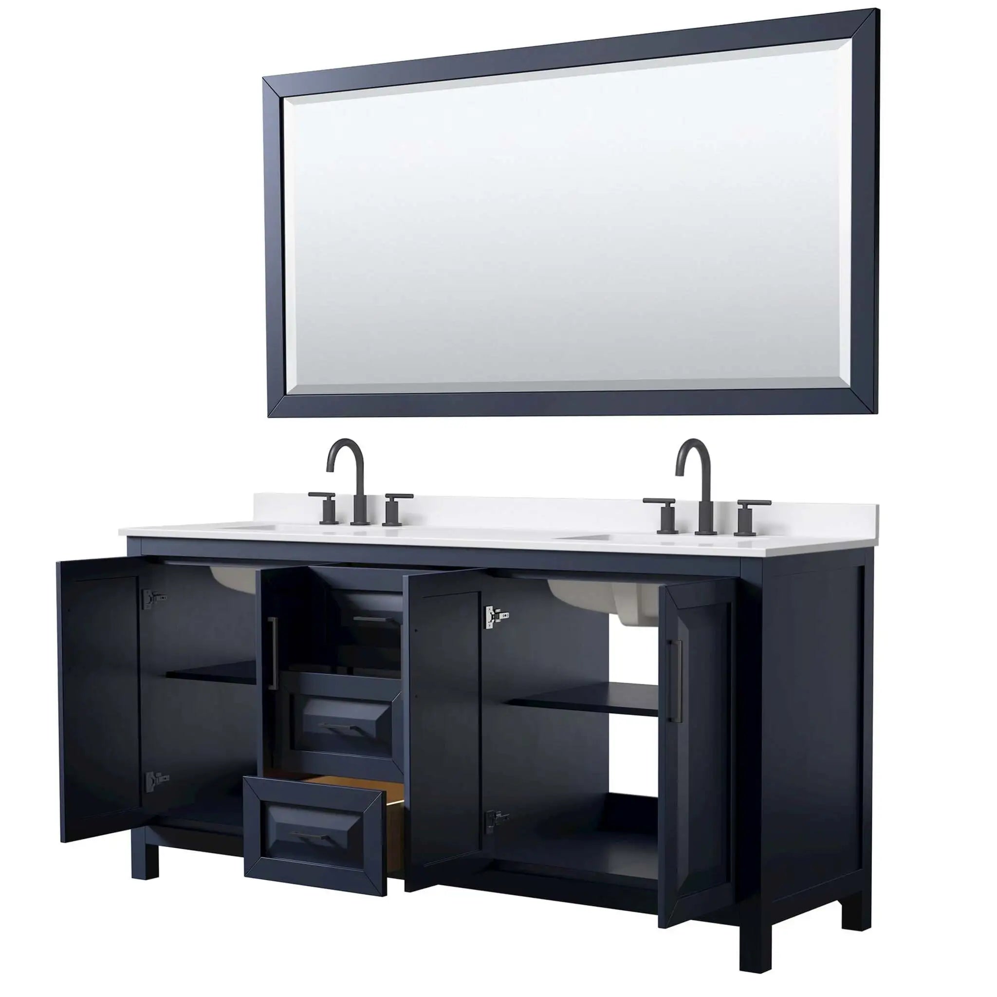 72" Daria Double Bathroom Vanity in Dark Blue with Matte Black Trim & 70" Mirror by Wyndham
