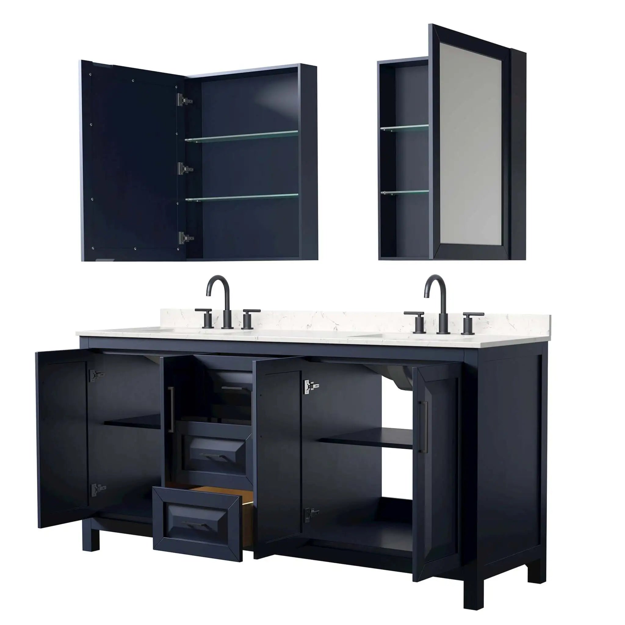 72" Daria Double Bathroom Vanity in Dark Blue with Matte Black Trim & Medicine Cabinet by Wyndham