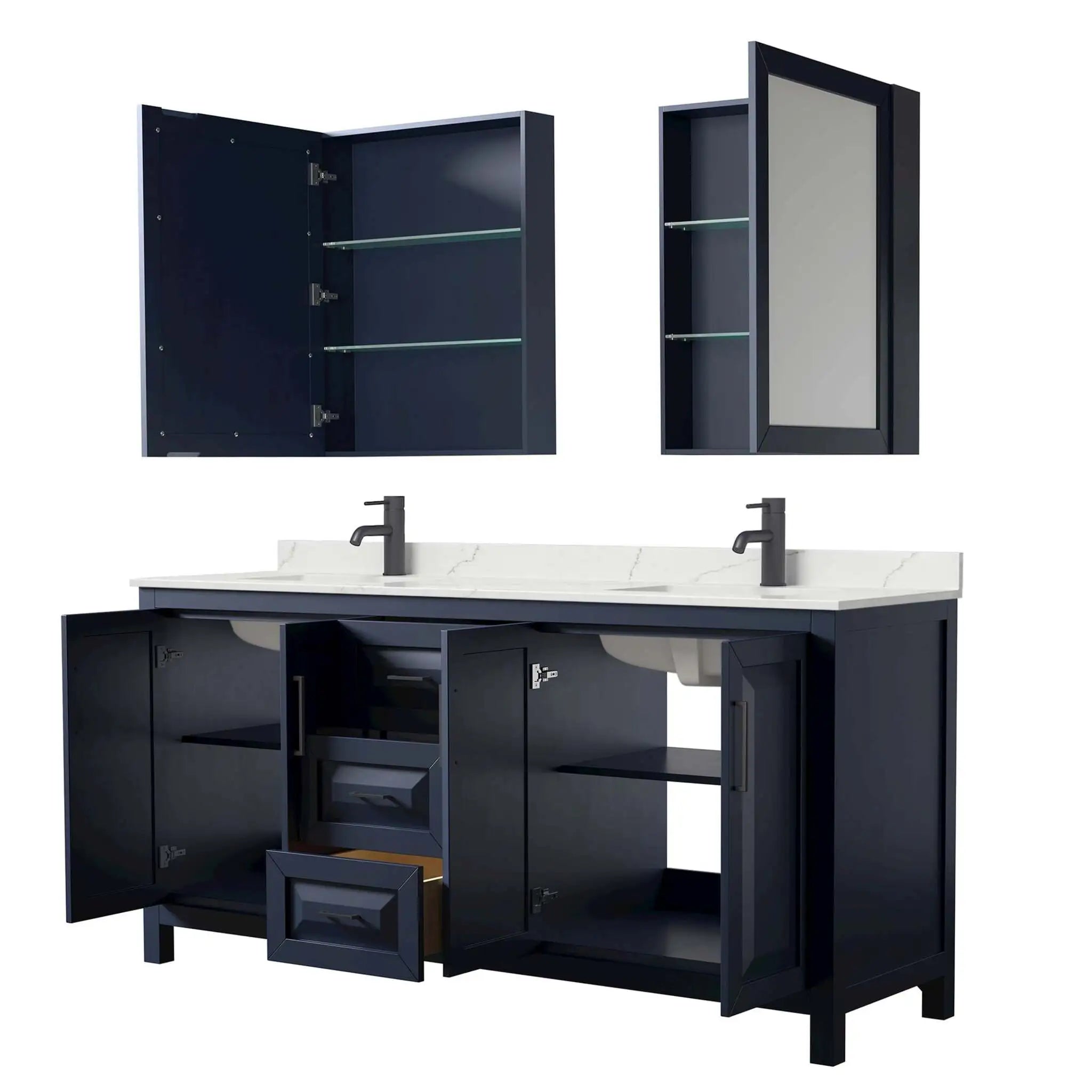 72" Daria Double Bathroom Vanity in Dark Blue with Matte Black Trim & Medicine Cabinet by Wyndham