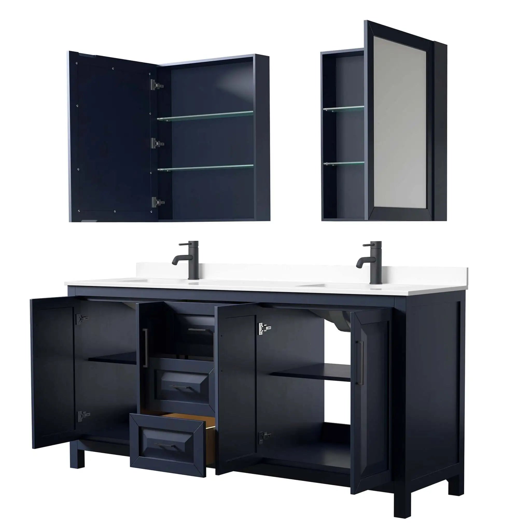 72" Daria Double Bathroom Vanity in Dark Blue with Matte Black Trim & Medicine Cabinet by Wyndham