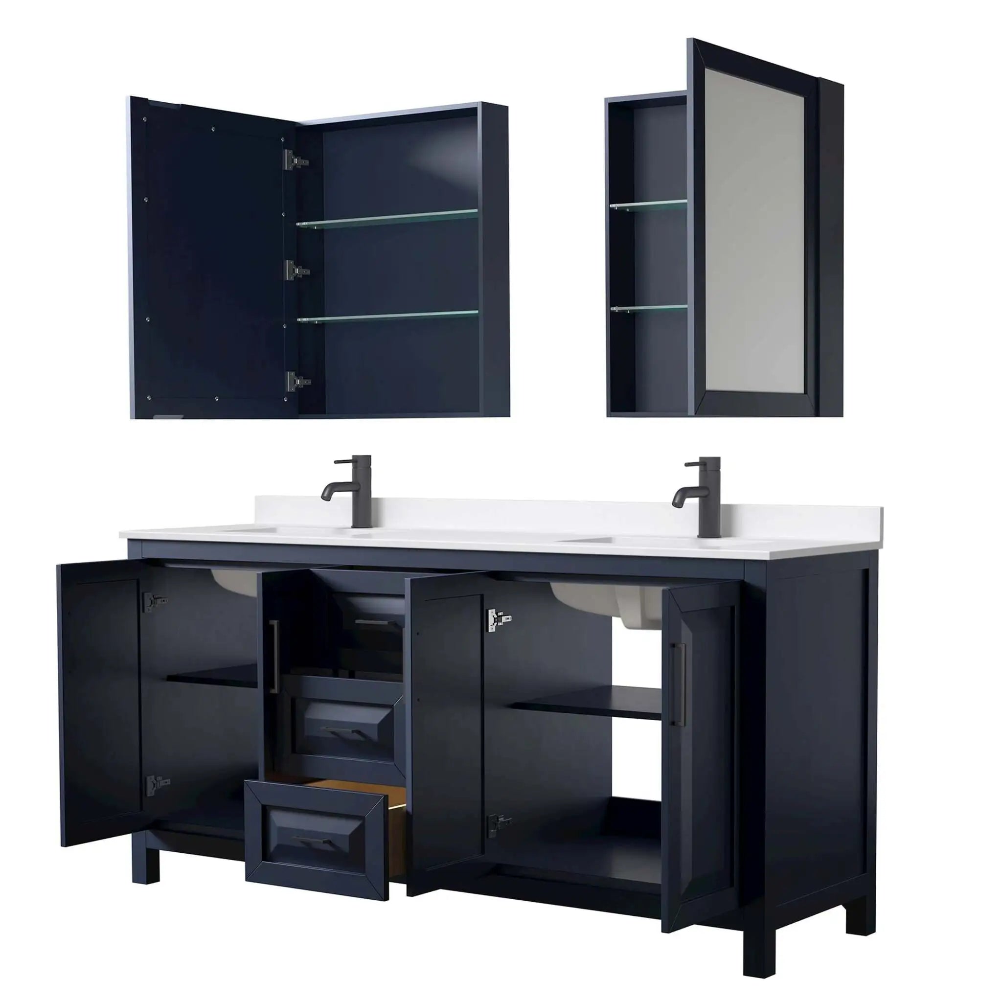 72" Daria Double Bathroom Vanity in Dark Blue with Matte Black Trim & Medicine Cabinet by Wyndham