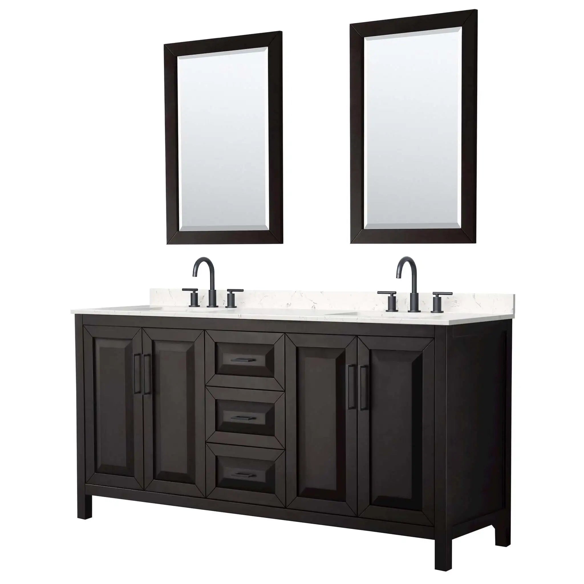 72" Daria Double Bathroom Vanity in Dark Espresso with Matte Black Trim & 24" Mirror by Wyndham