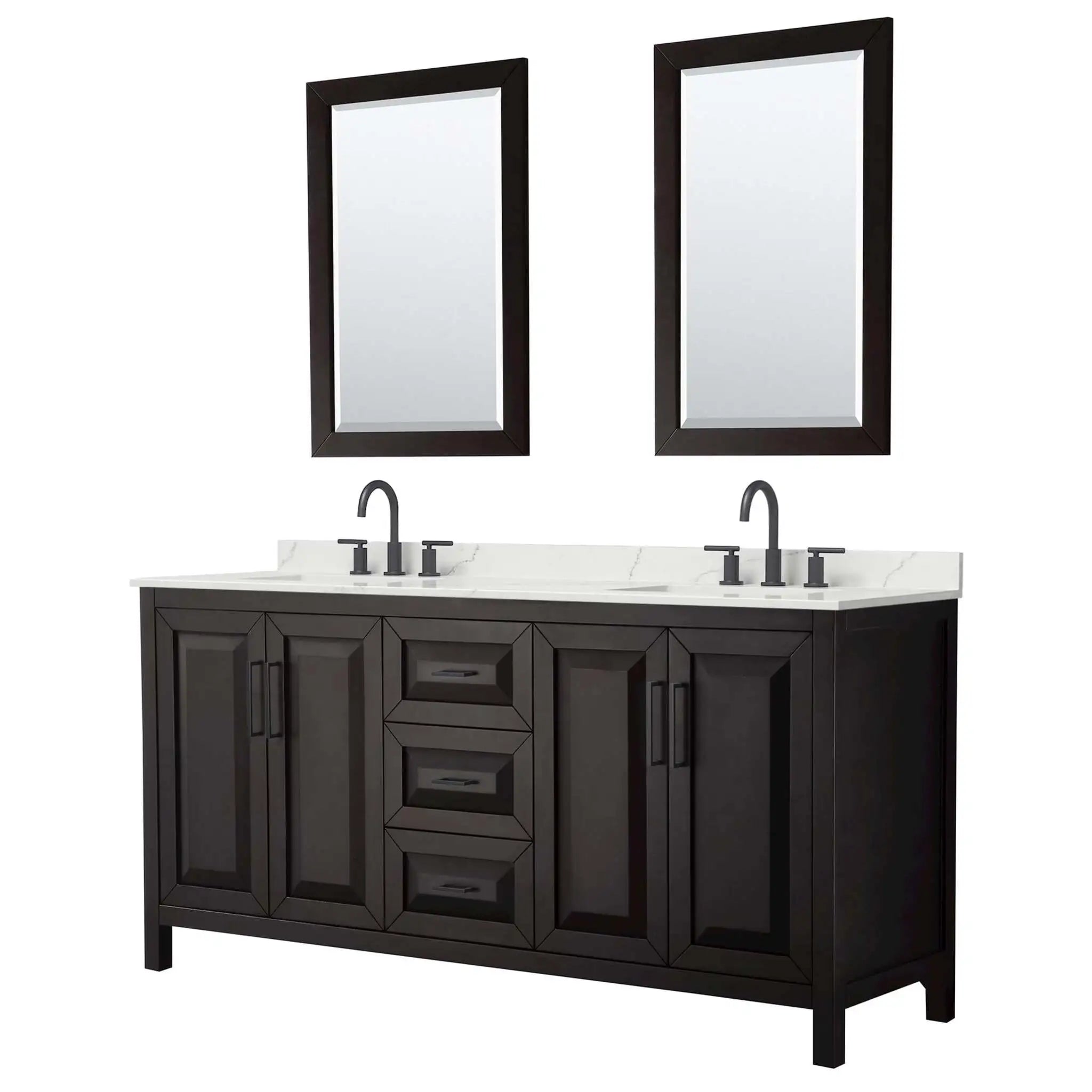 72" Daria Double Bathroom Vanity in Dark Espresso with Matte Black Trim & 24" Mirror by Wyndham