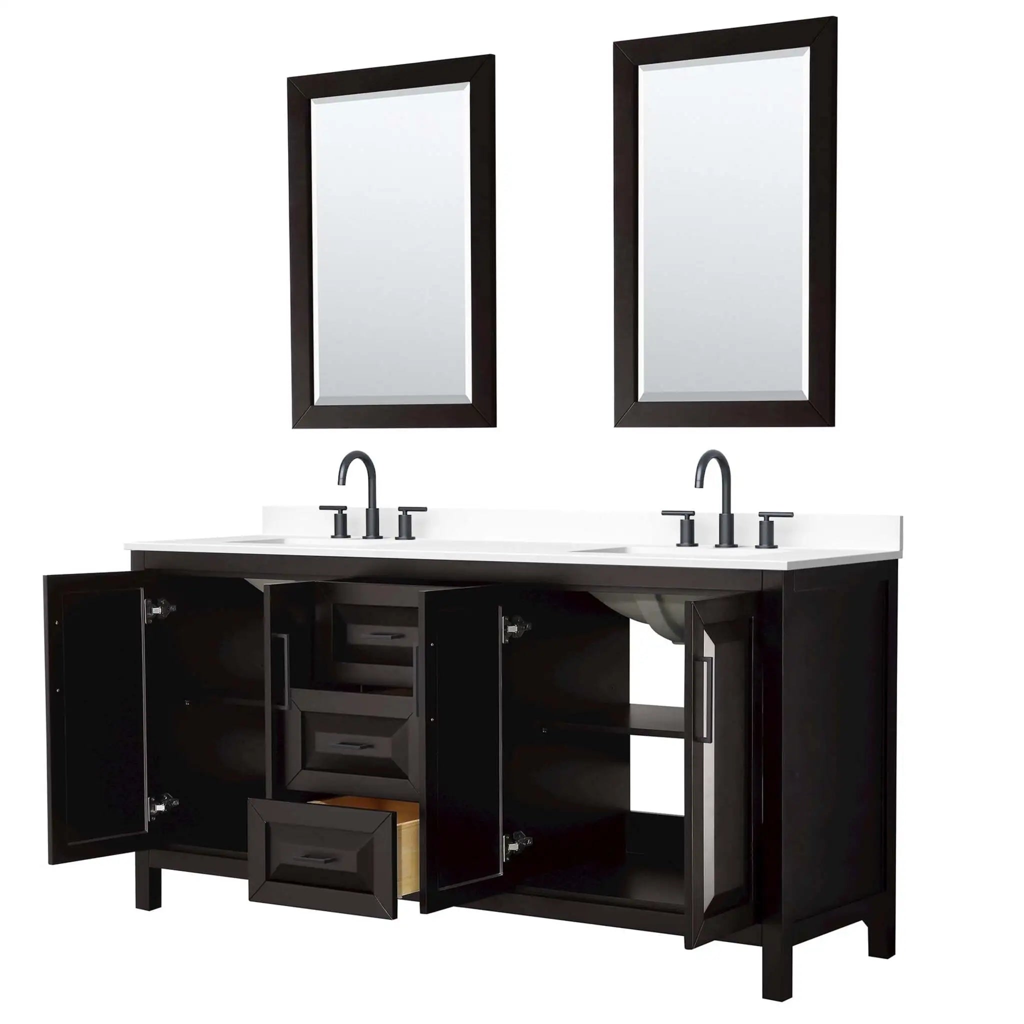 72" Daria Double Bathroom Vanity in Dark Espresso with Matte Black Trim & 24" Mirror by Wyndham