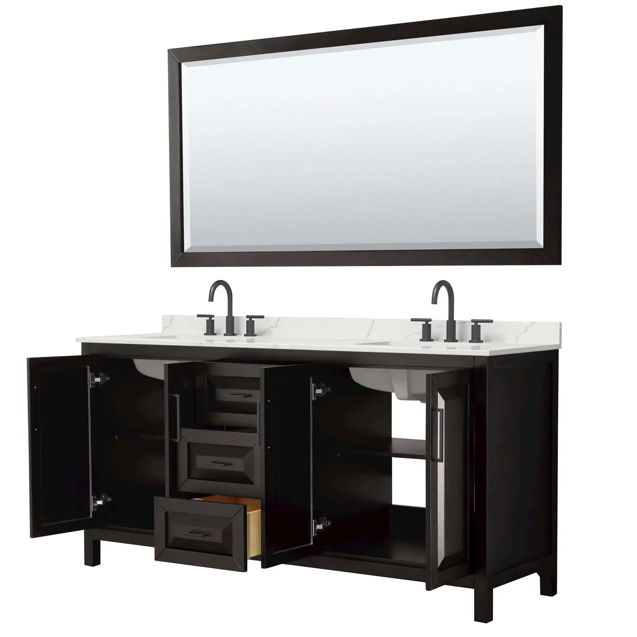 72" Daria Double Bathroom Vanity in Dark Espresso with Matte Black Trim & 70" Mirror by Wyndham