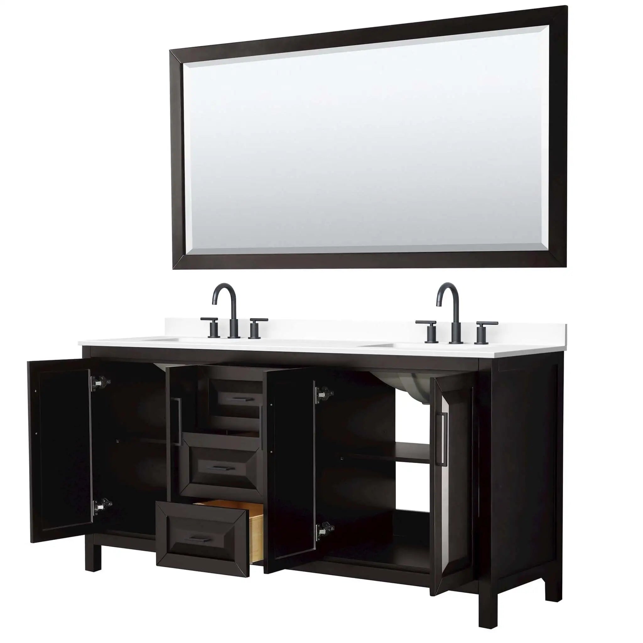 72" Daria Double Bathroom Vanity in Dark Espresso with Matte Black Trim & 70" Mirror by Wyndham