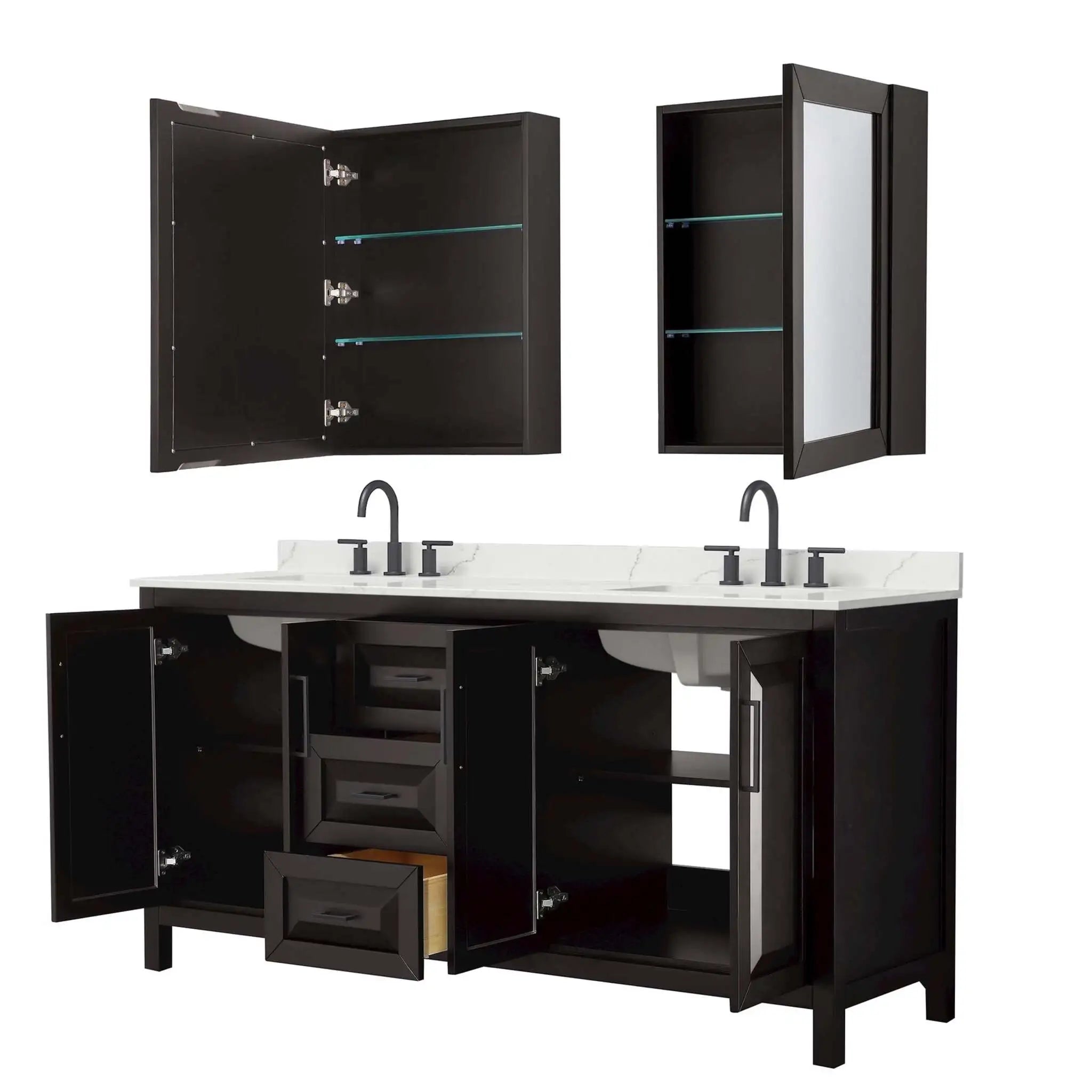 72" Daria Double Bathroom Vanity in Dark Espresso with Matte Black Trim & Medicine Cabinet by Wyndham
