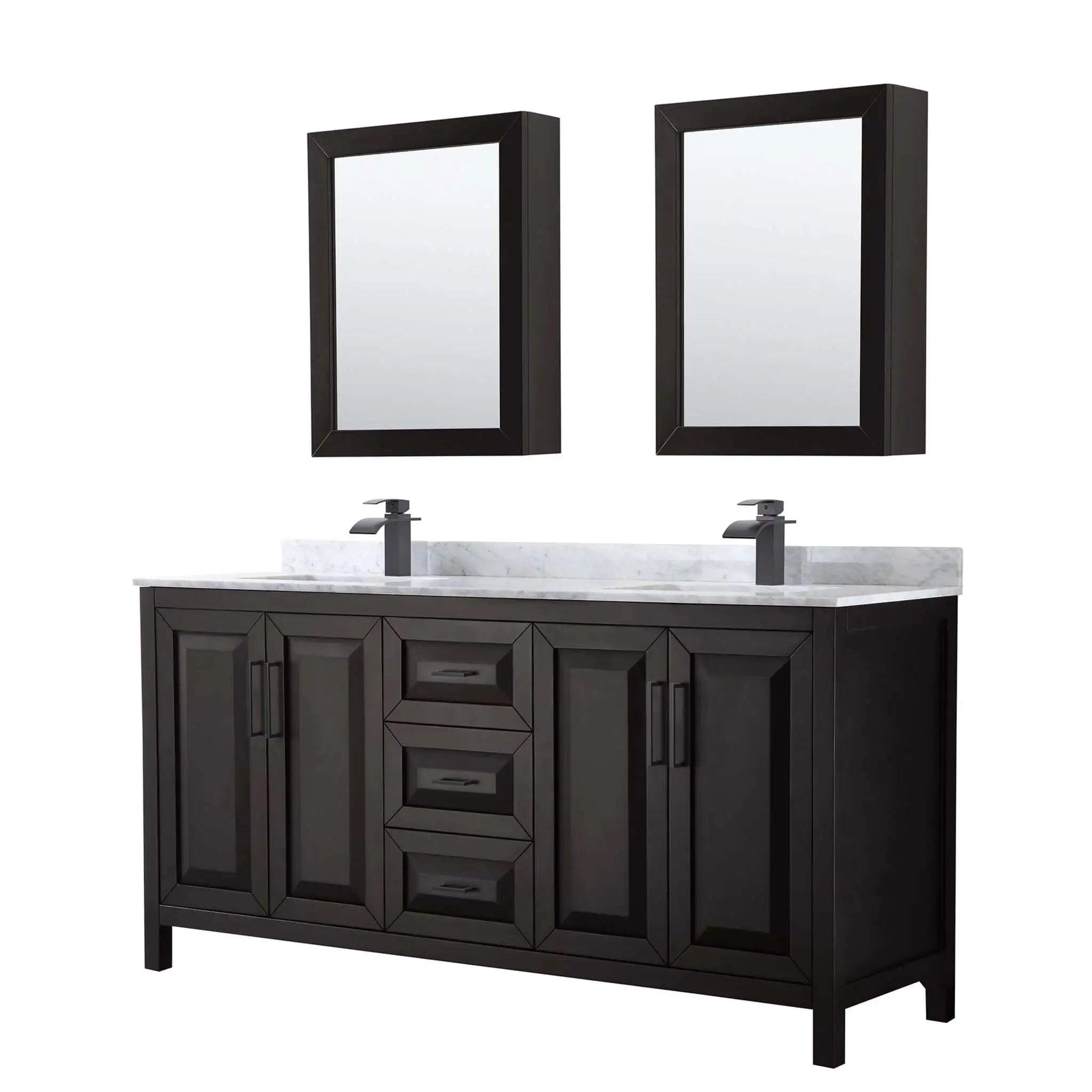 72" Daria Double Bathroom Vanity in Dark Espresso with Matte Black Trim & Medicine Cabinet by Wyndham