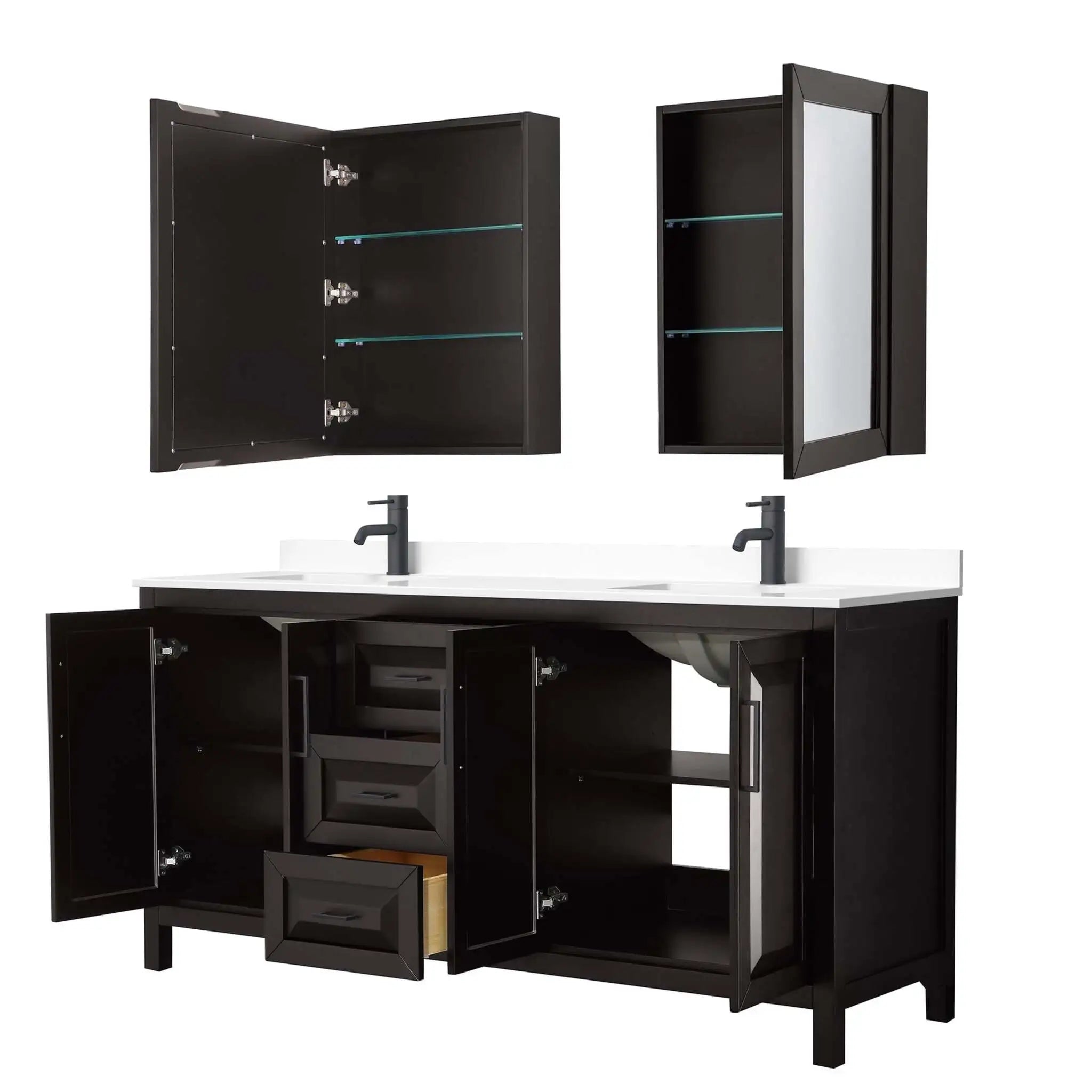 72" Daria Double Bathroom Vanity in Dark Espresso with Matte Black Trim & Medicine Cabinet by Wyndham