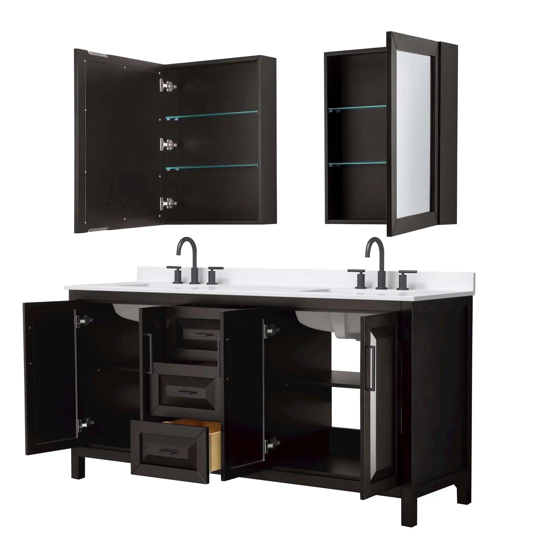 72" Daria Double Bathroom Vanity in Dark Espresso with Matte Black Trim & Medicine Cabinet by Wyndham