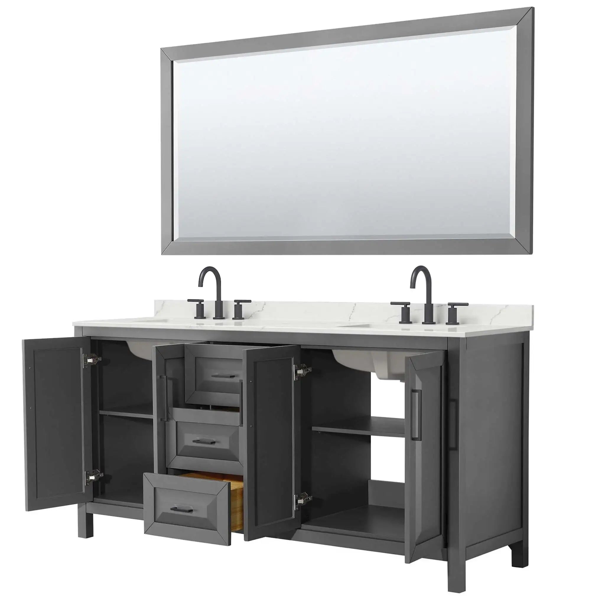 72" Daria Double Bathroom Vanity in Dark Gray with Matte Black Trim & 70" Mirror by Wyndham