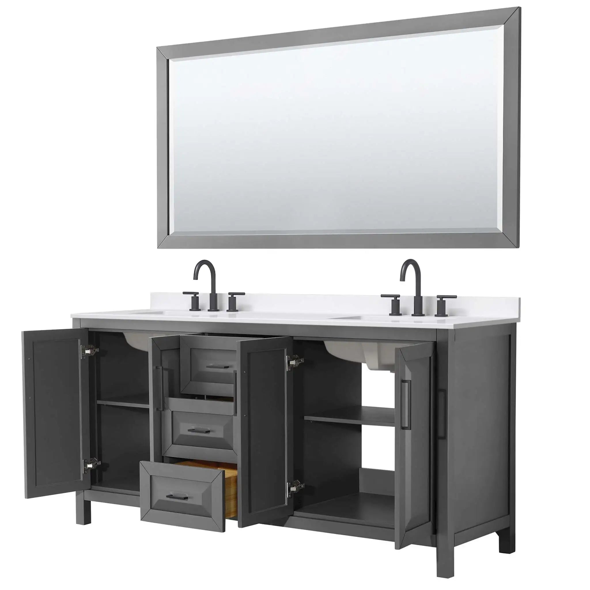 72" Daria Double Bathroom Vanity in Dark Gray with Matte Black Trim & 70" Mirror by Wyndham