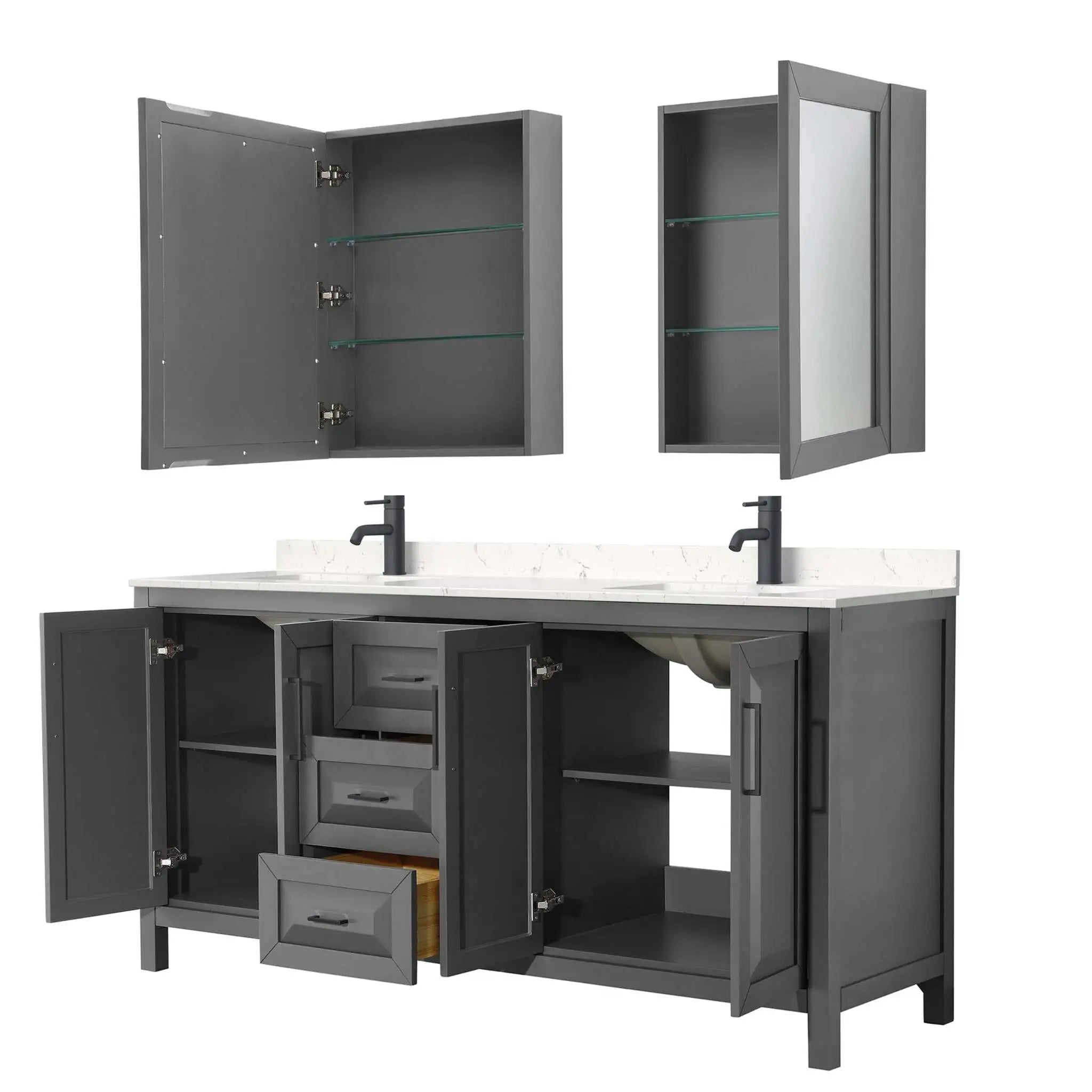 72" Daria Double Bathroom Vanity in Dark Gray with Matte Black Trim & Medicine Cabinet by Wyndham