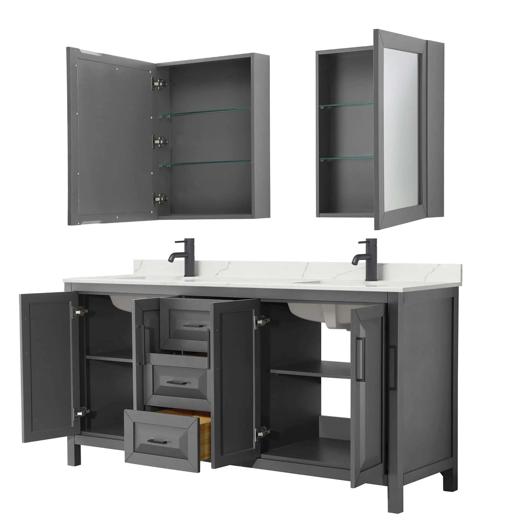 72" Daria Double Bathroom Vanity in Dark Gray with Matte Black Trim & Medicine Cabinet by Wyndham