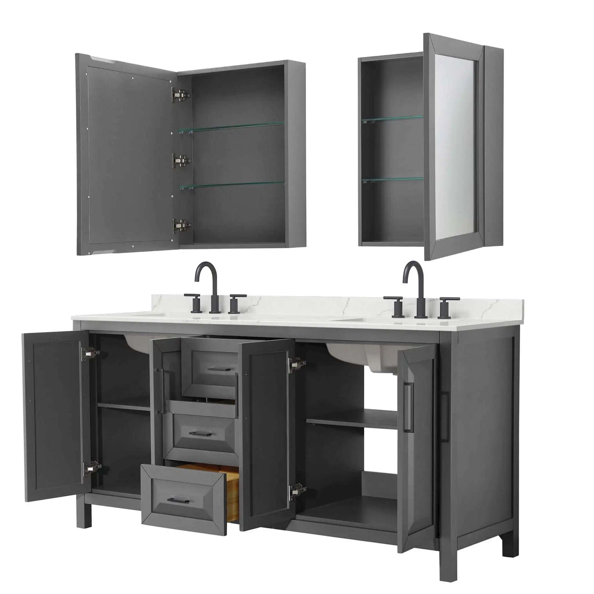 72" Daria Double Bathroom Vanity in Dark Gray with Matte Black Trim & Medicine Cabinet by Wyndham